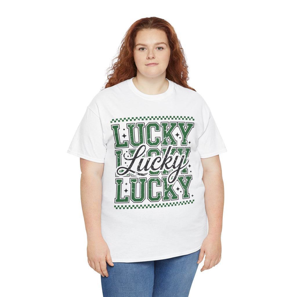 Lucky Varsity Tee — Layered Green ‘Lucky’ Graphic Unisex Cotton Tee