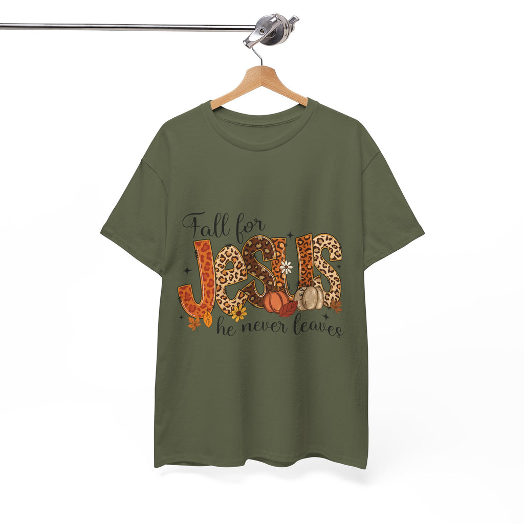 JESUS Leopard Print Fall T-Shirt — Pumpkins, Leaves & Floral Christian Unisex Cotton Tee