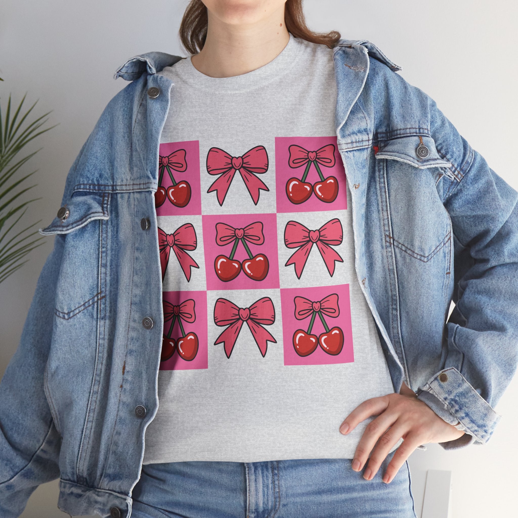 Cherry & Pink Bow Checkered Unisex Cotton Tee