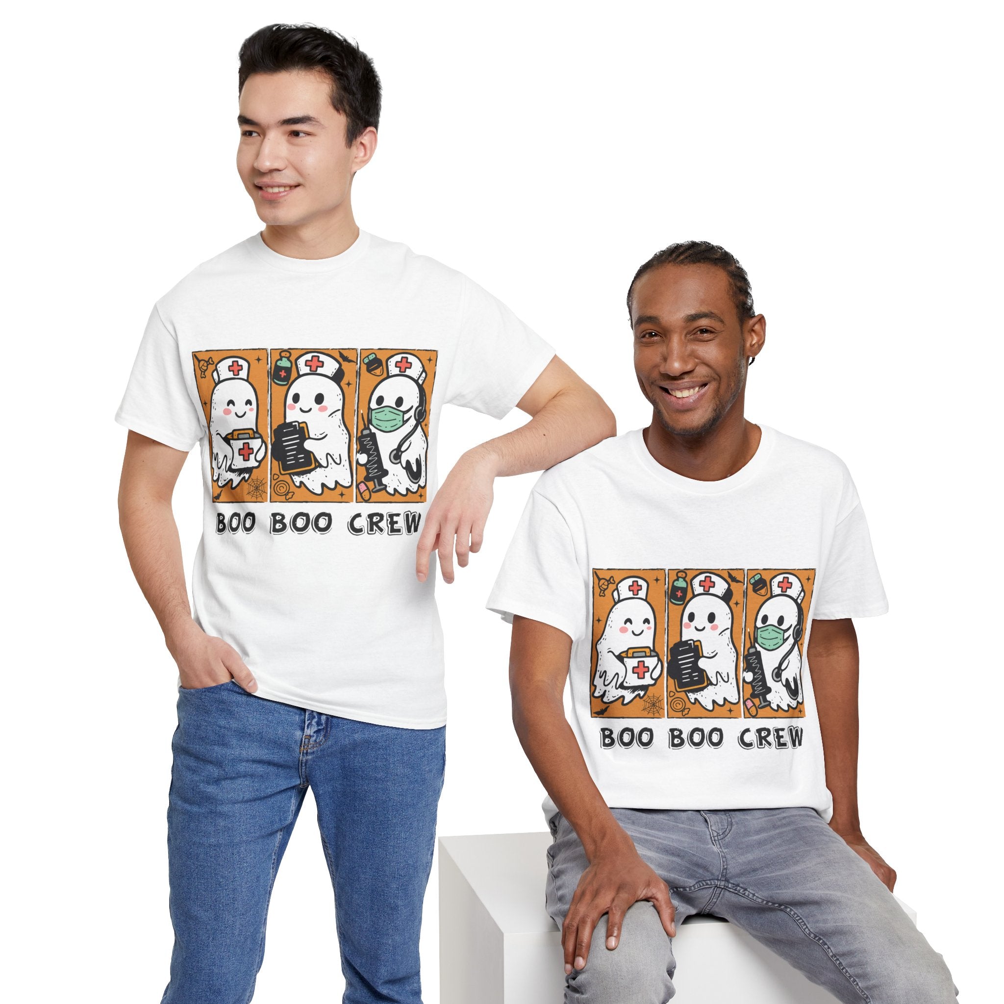 Halloween Nurse T-Shirt — Ghost Nurses Holding Medical Tools on Orange Unisec Cotton Tee