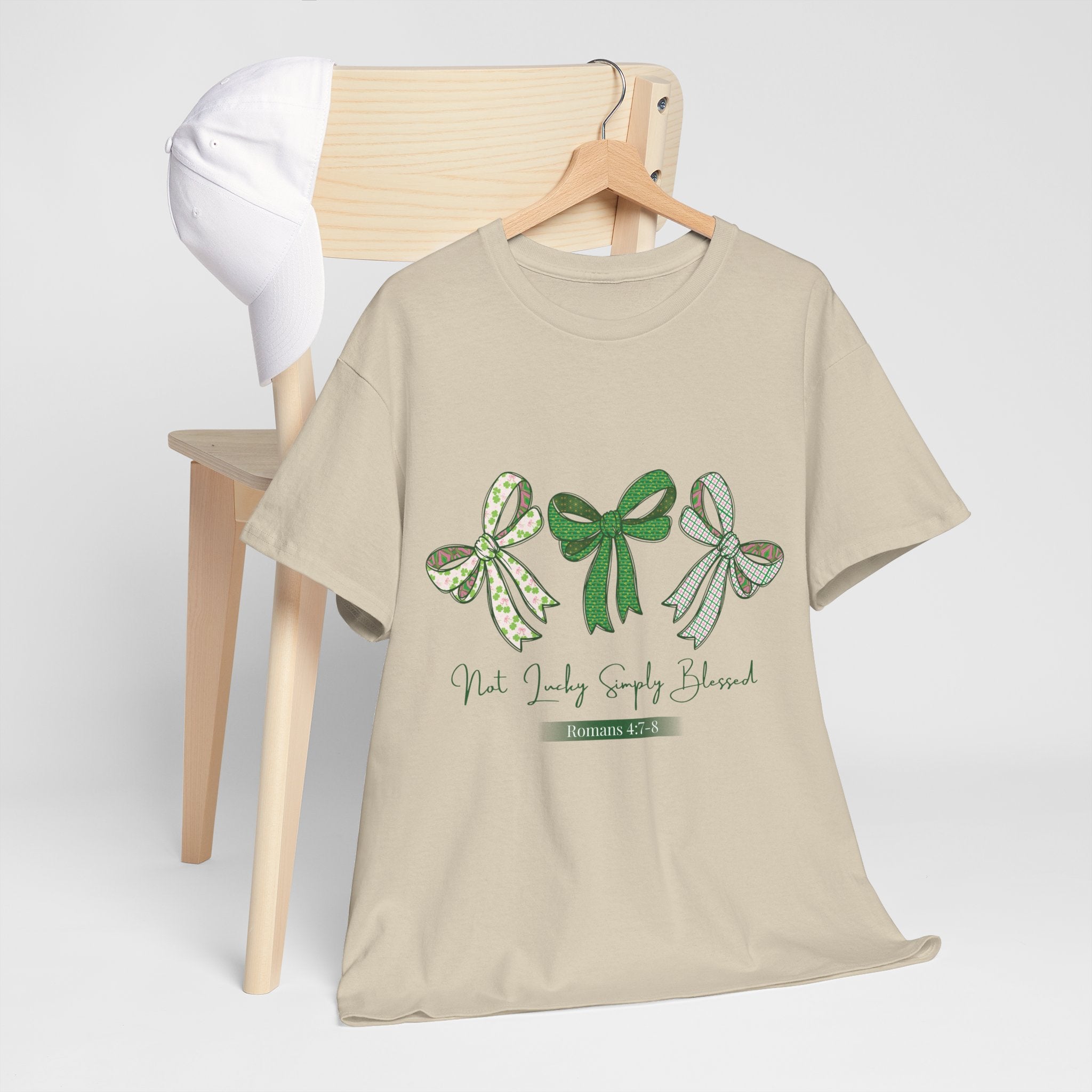 Not Lucky Simply Blessed Tee — Romans 4:7-8 Green Bow Christian Unisex Cotton T-Shirt