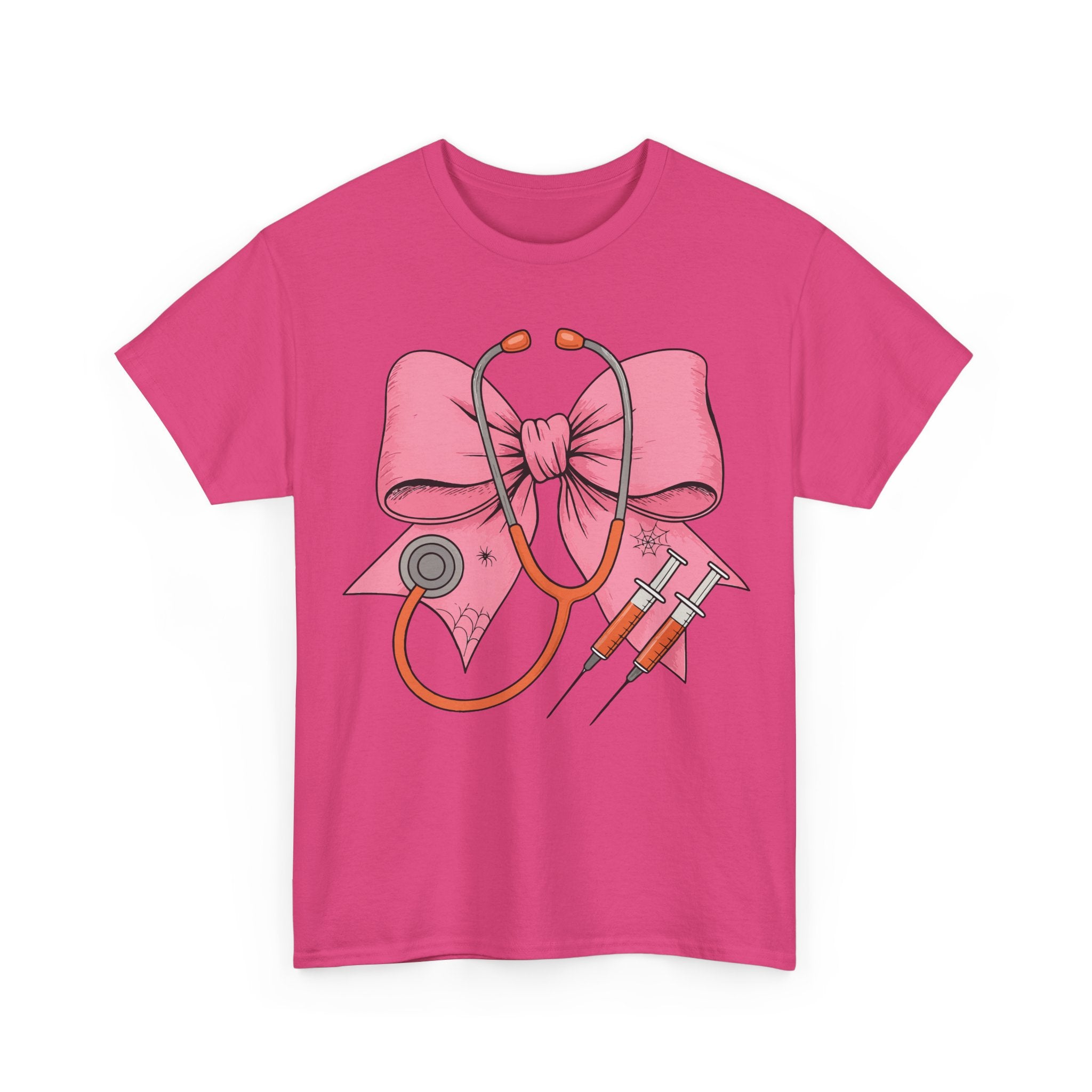 Halloween Nurse T‑Shirt — Pink Nurse Bow with Stethoscope, Syringes & Spider Webs..Unisex Cotton Tee