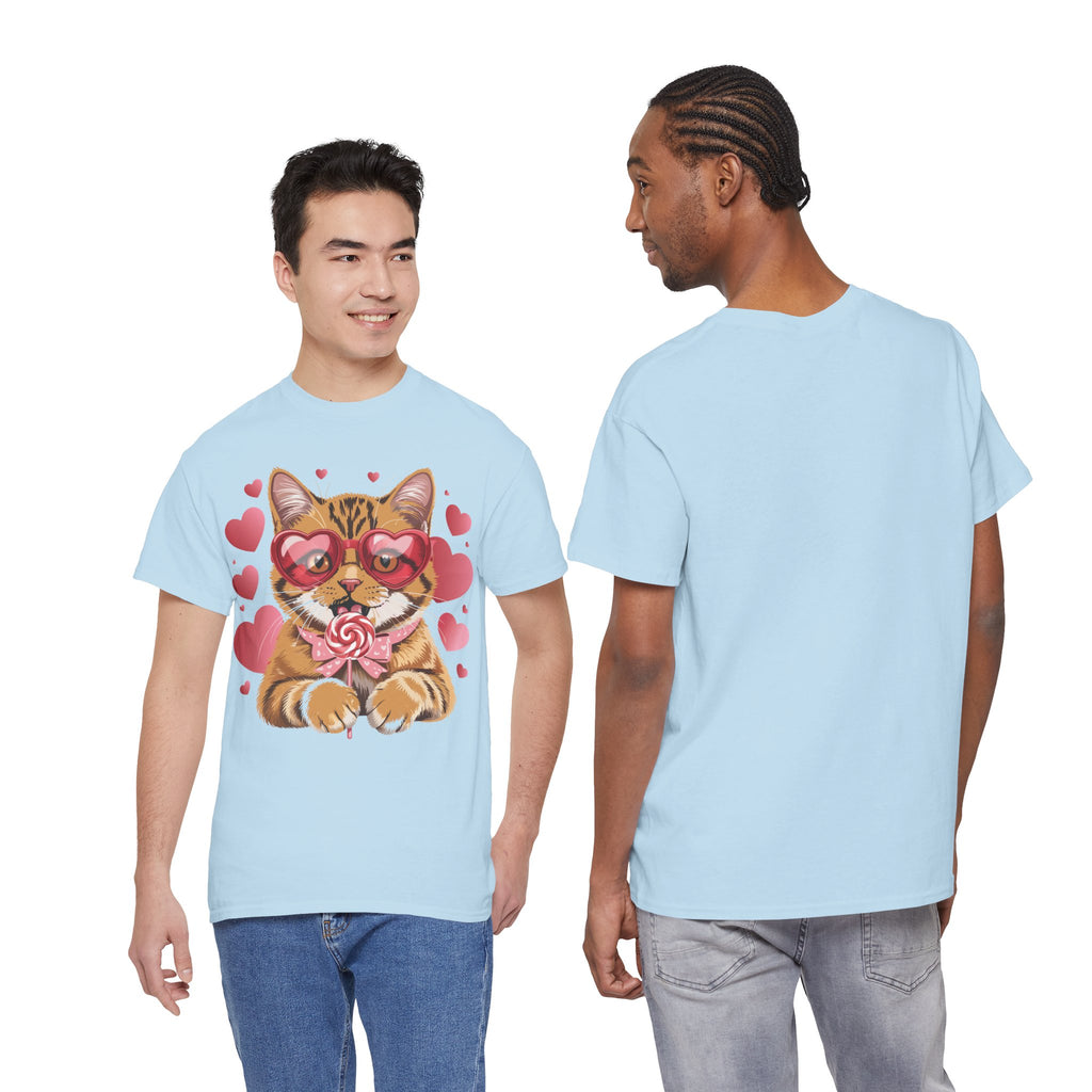 Valentine Cat Tee — Heart Glasses, Lollipop Bow Unisex Cotton Tee