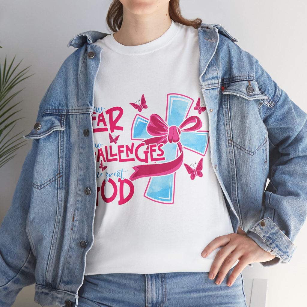 Christian T-Shirt — “New Year, New Challenges, Same Great God” with Pink Bow Cross & Butterflies. Unisex Cotton Tee