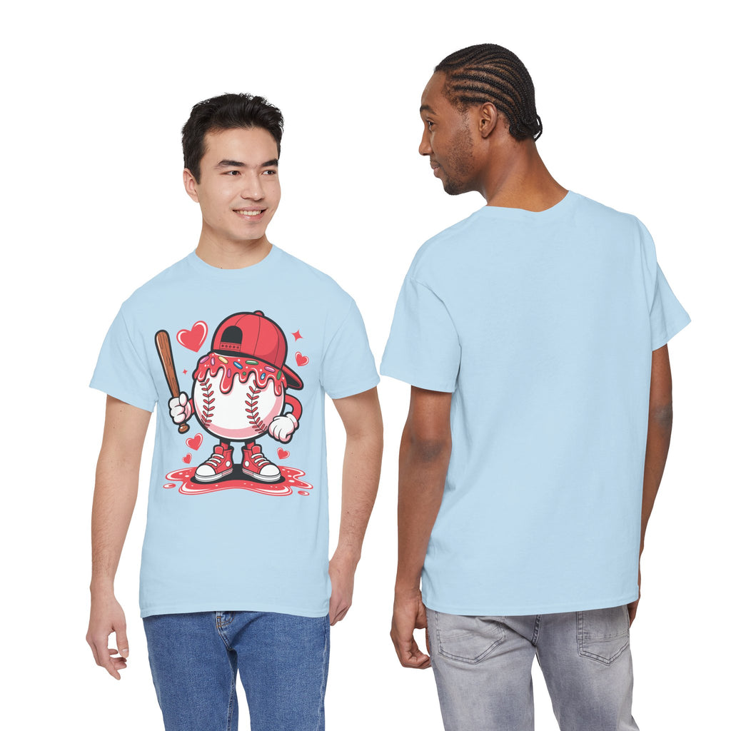 Cute Baseball Character T-Shirt — Red Cap & Icing Top Graphic with Hearts Unisex Cotton Tee