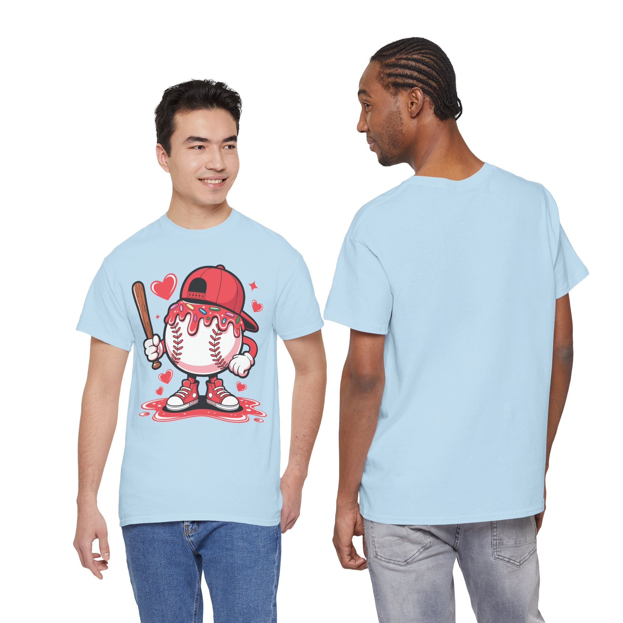 Cute Baseball Character T-Shirt — Red Cap & Icing Top Graphic with Hearts Unisex Cotton Tee