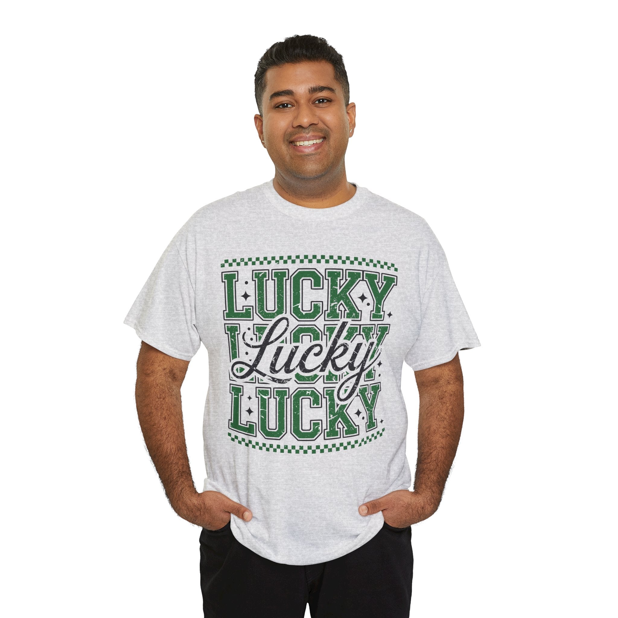 Lucky Varsity Tee — Layered Green ‘Lucky’ Graphic Unisex Cotton Tee
