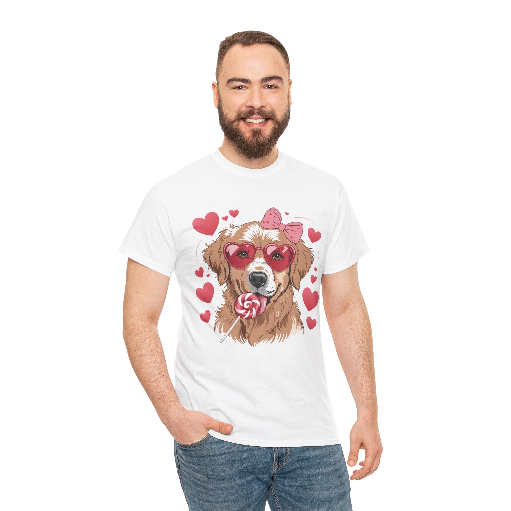 Valentine Dog T-Shirt — Cute Pup with Heart Glasses, Pink Bow & Lollipop..Unisex Cotton Tee