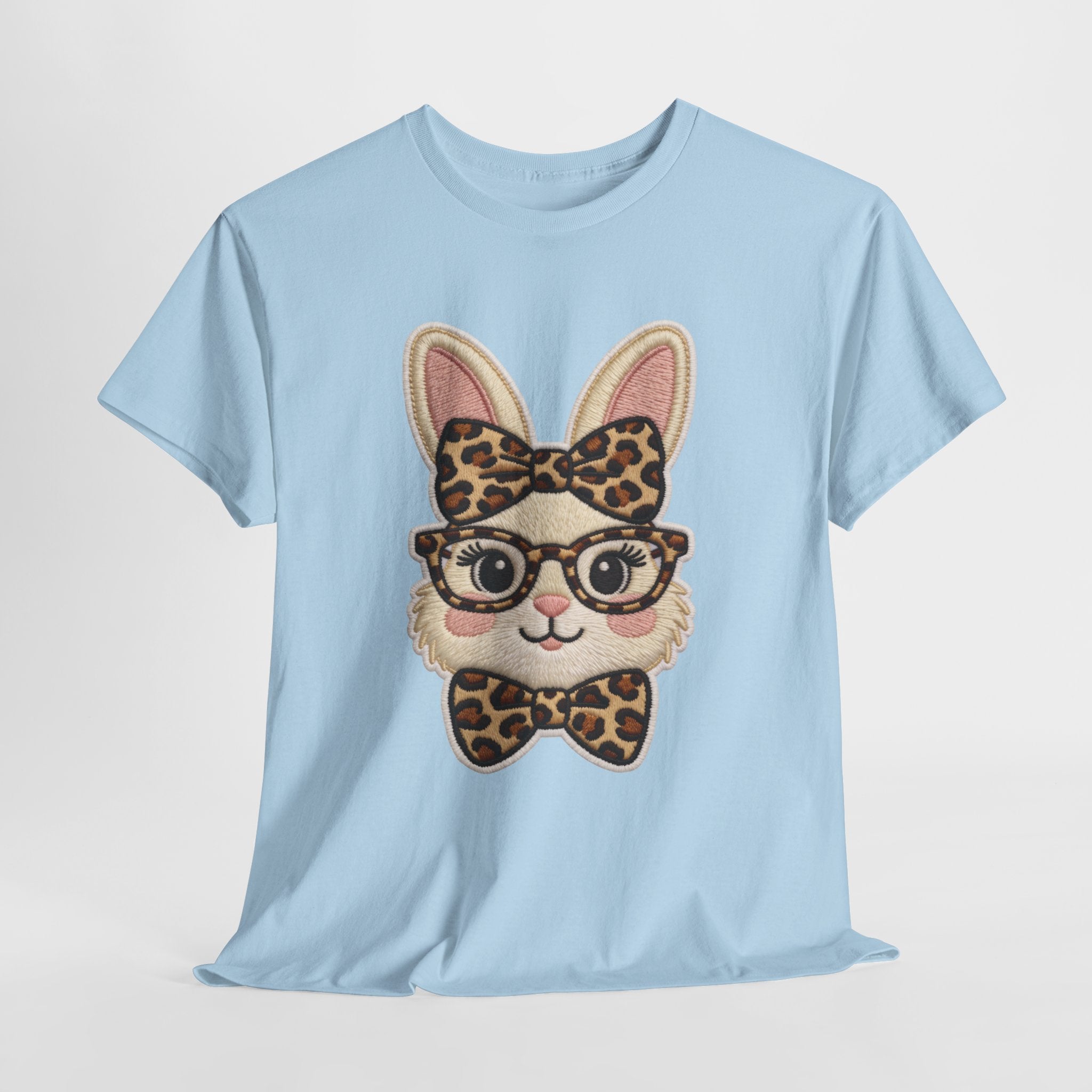 Leopard Bow Bunny Embroidered Tee — Cute Bunny Face with Glasses Patch Unisex Cotton Tee