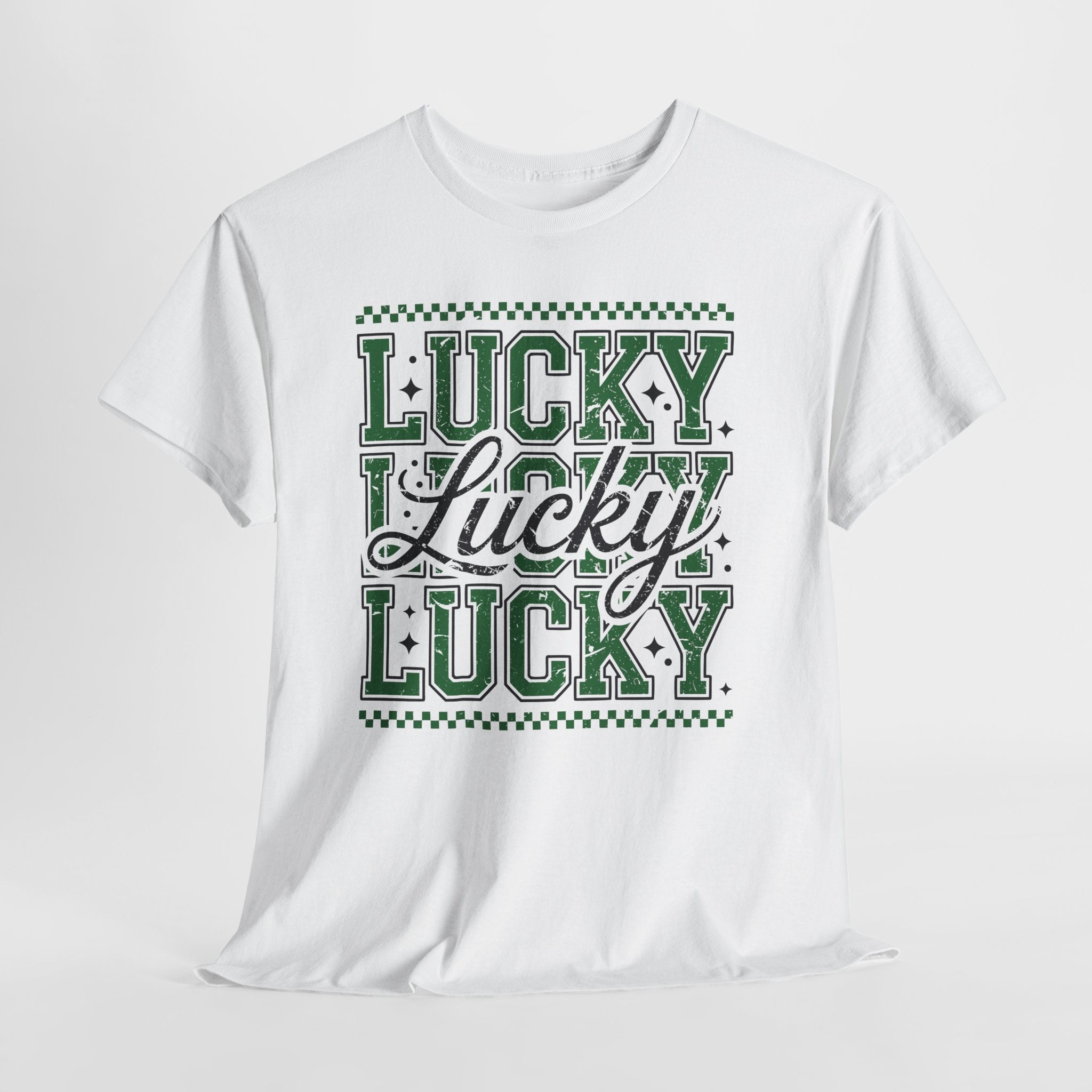 Lucky Varsity Tee — Layered Green ‘Lucky’ Graphic Unisex Cotton Tee