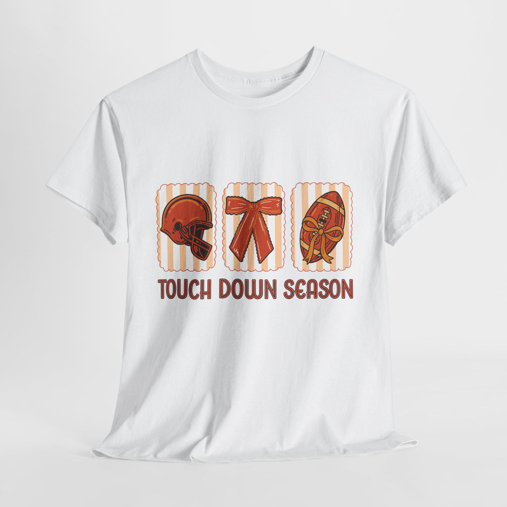 Touch Down Season Football Tee — Striped Fall Helmet & Bow Design Unisex Cotton Tee