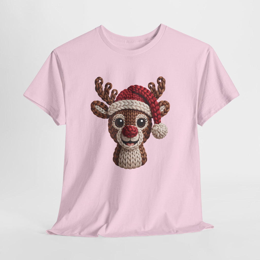 Reindeer in Santa Hat Cotton Tee — Joyful Faux-Yarn Holiday Unisex Coton T-Shirt