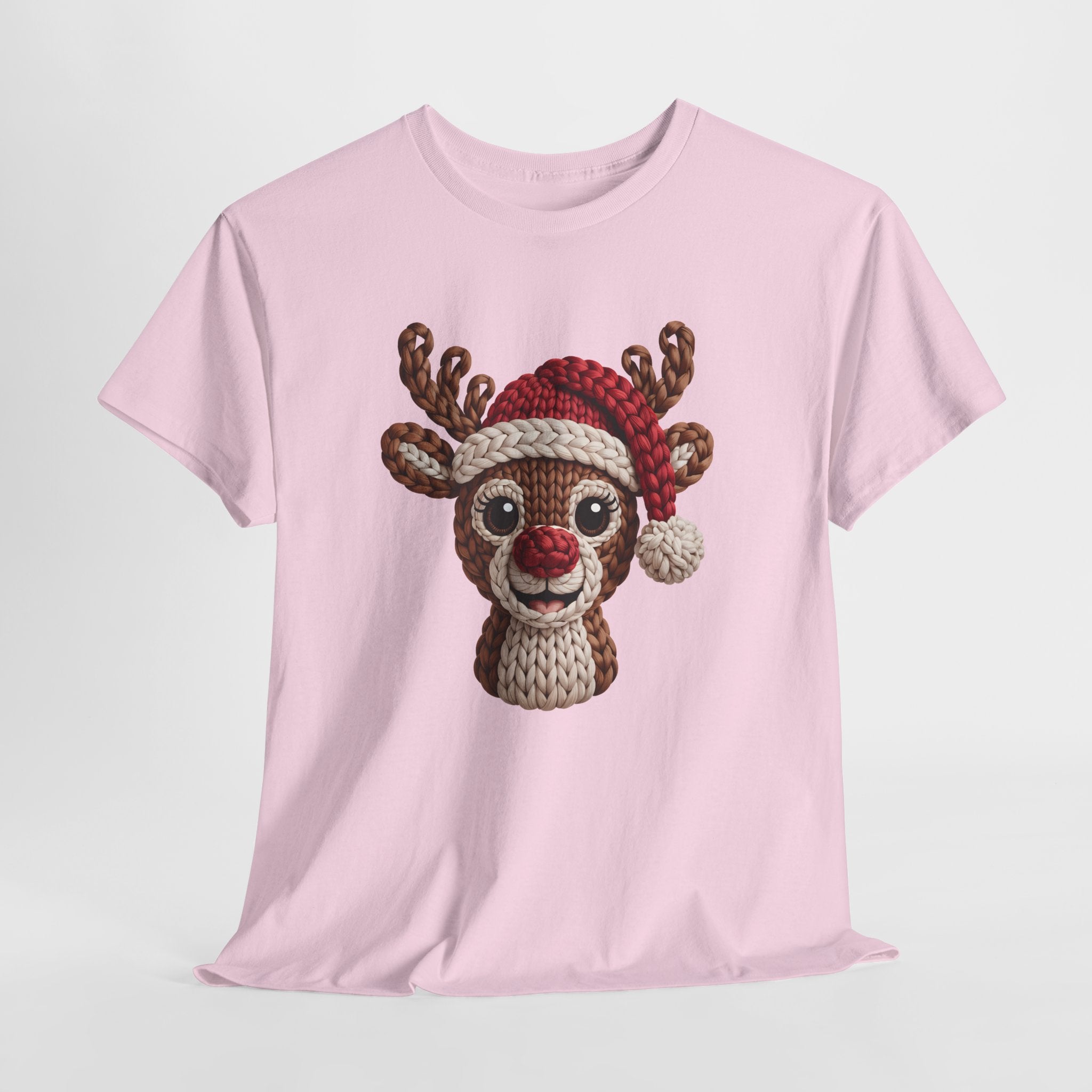 Reindeer in Santa Hat Cotton Tee — Joyful Faux-Yarn Holiday Unisex Coton T-Shirt