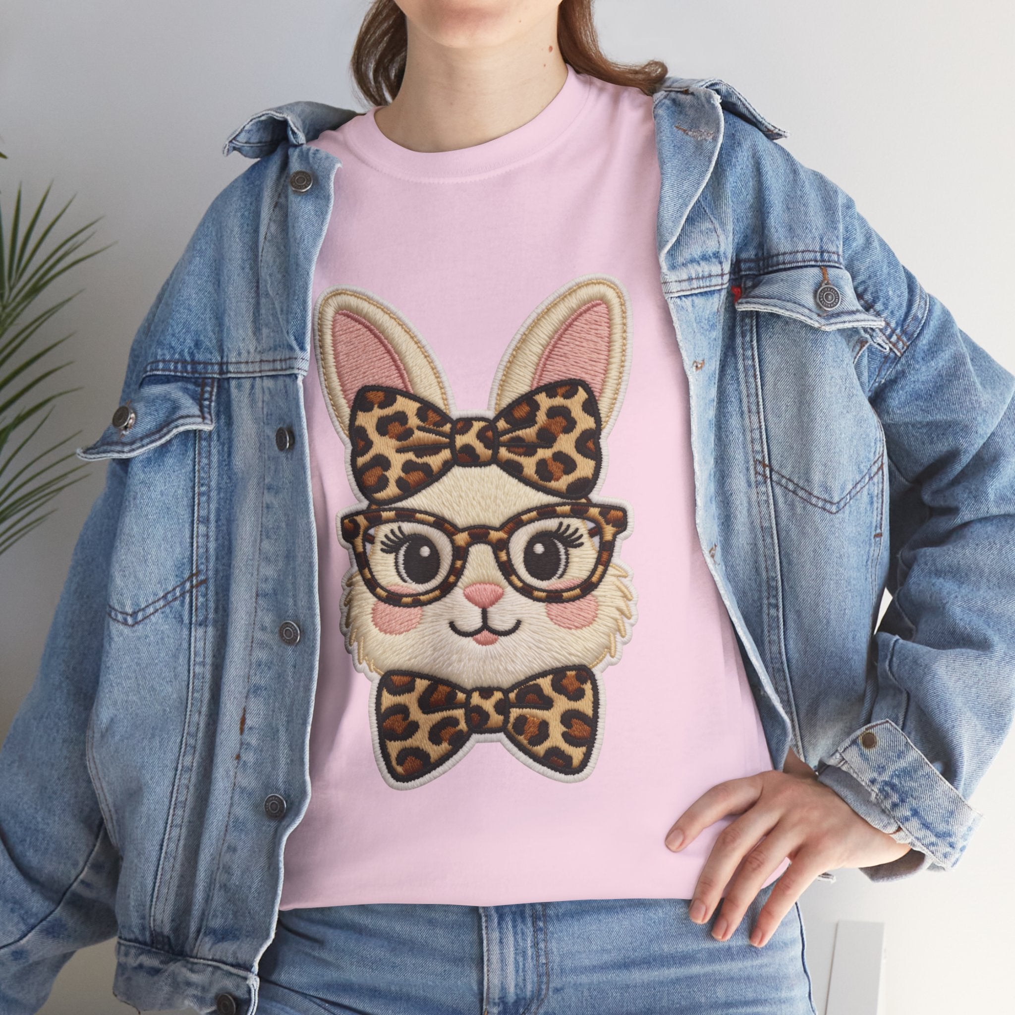 Leopard Bow Bunny Embroidered Tee — Cute Bunny Face with Glasses Patch Unisex Cotton Tee