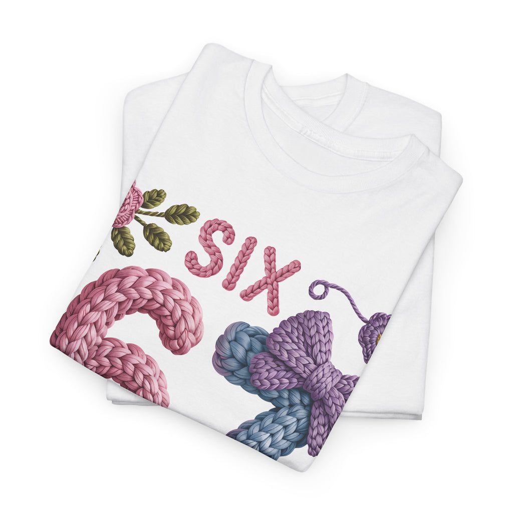 Pastel Crochet Numbers 6 & 7 Tee — Faux-Yarn Bows & Flowers. Unisex Cotton Tee