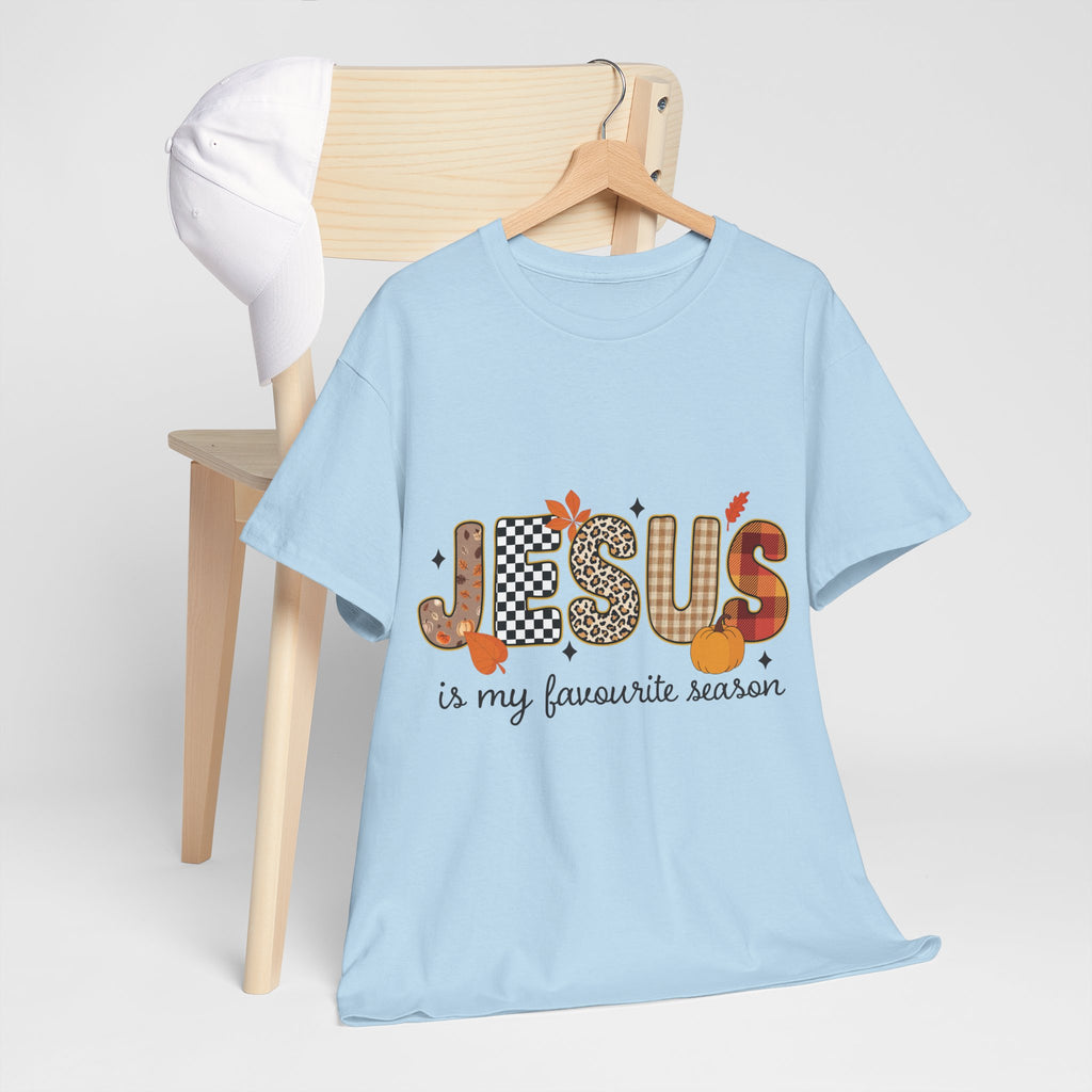 Jesus Is My Favorite Season Tee — Autumn Plaid & Leopard Lettering Unisex Cotton Tee