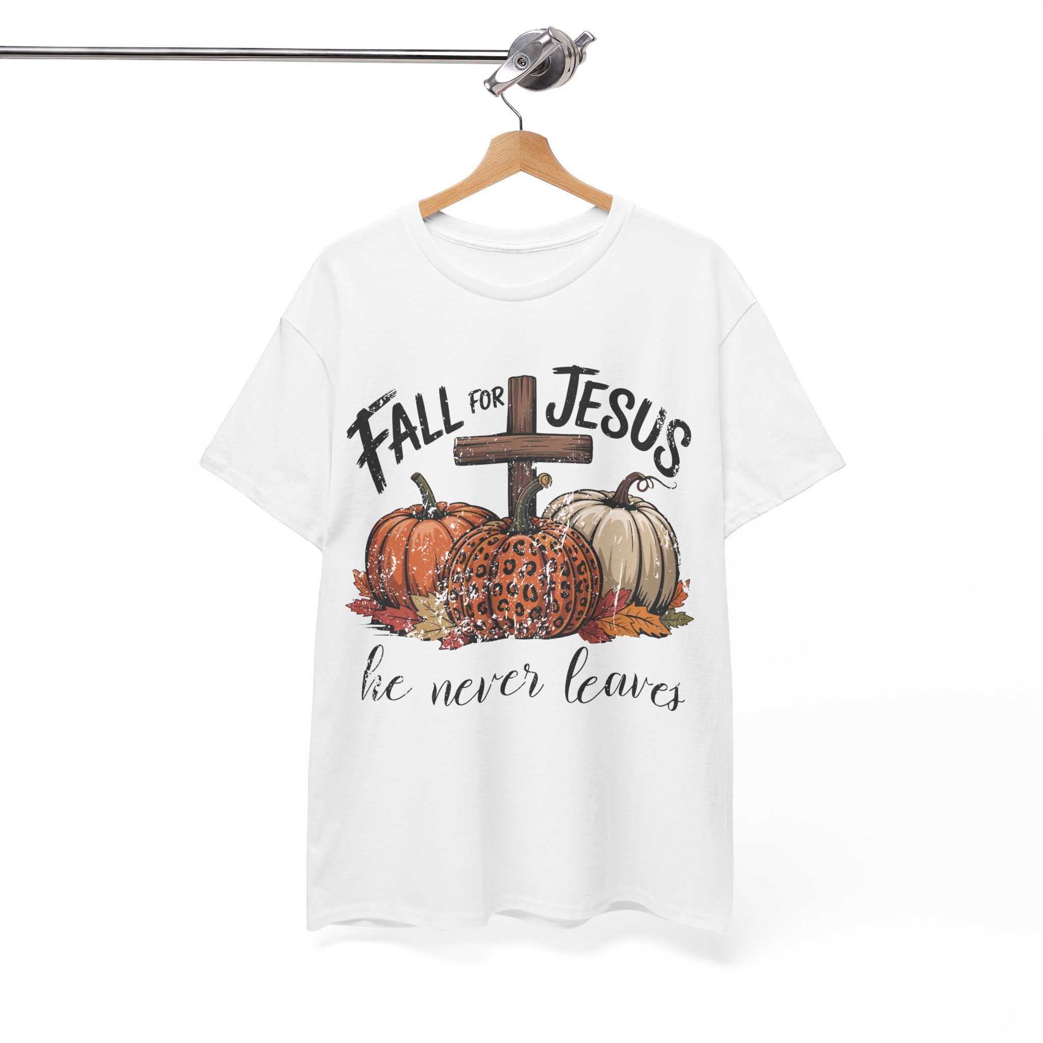 Fall for Jesus Pumpkin Cross Tee — "He Never Leaves" Autumn Christian Unisex Cotton T-Shirt