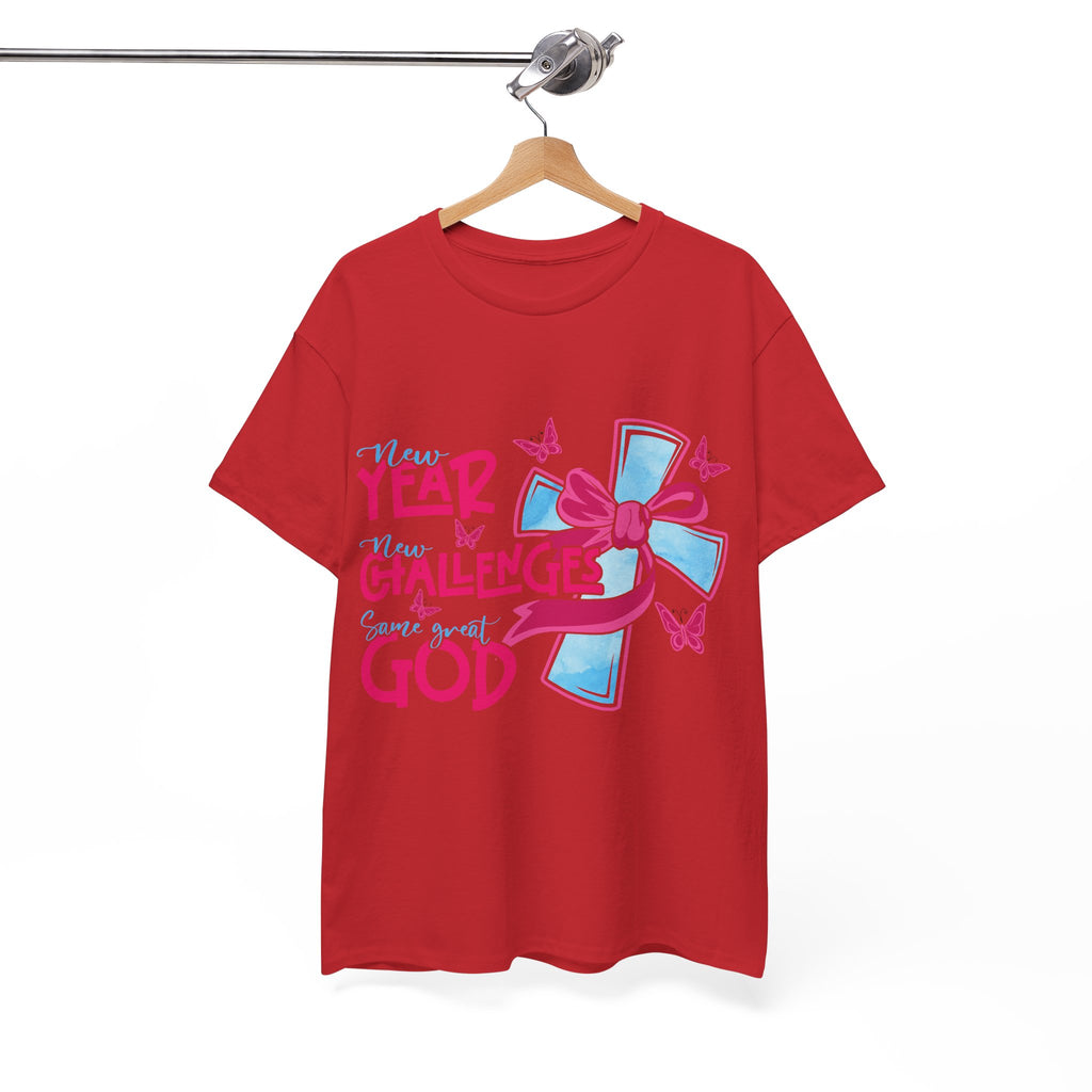 Christian T-Shirt — “New Year, New Challenges, Same Great God” with Pink Bow Cross & Butterflies. Unisex Cotton Tee