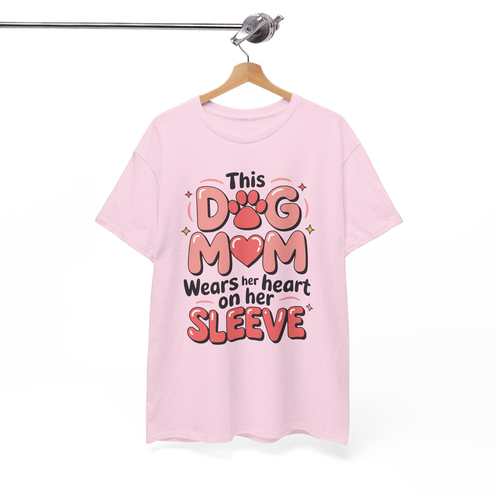 Dog Mom T-Shirt — "This Dog Mom Wears Her Heart on Her Sleeve" Paw & Heart Unisex Cotton Tee