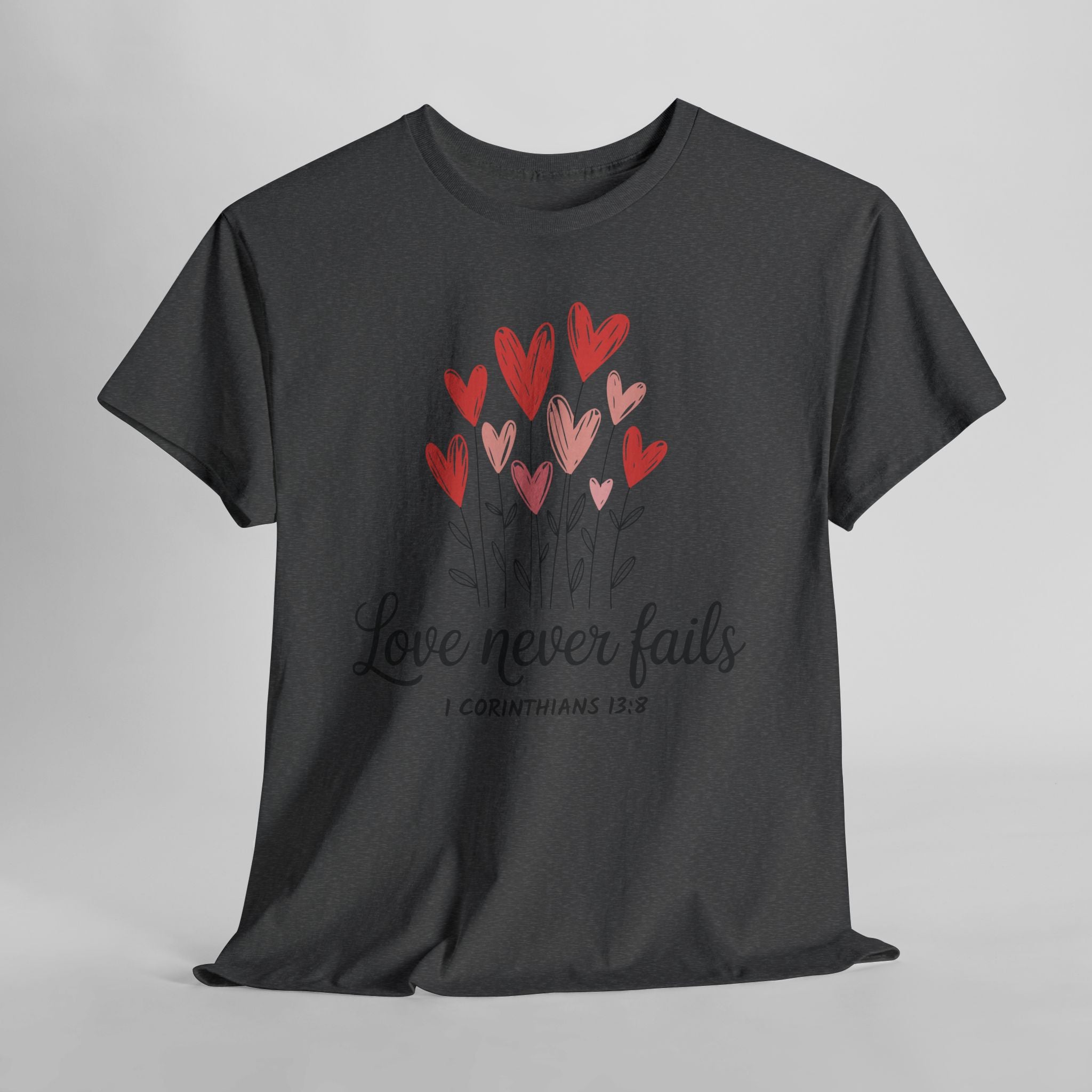 Christian Valentine T-Shirt — "Love Never Fails" (1 Corinthians 13:8) Unisex Cotton Tee