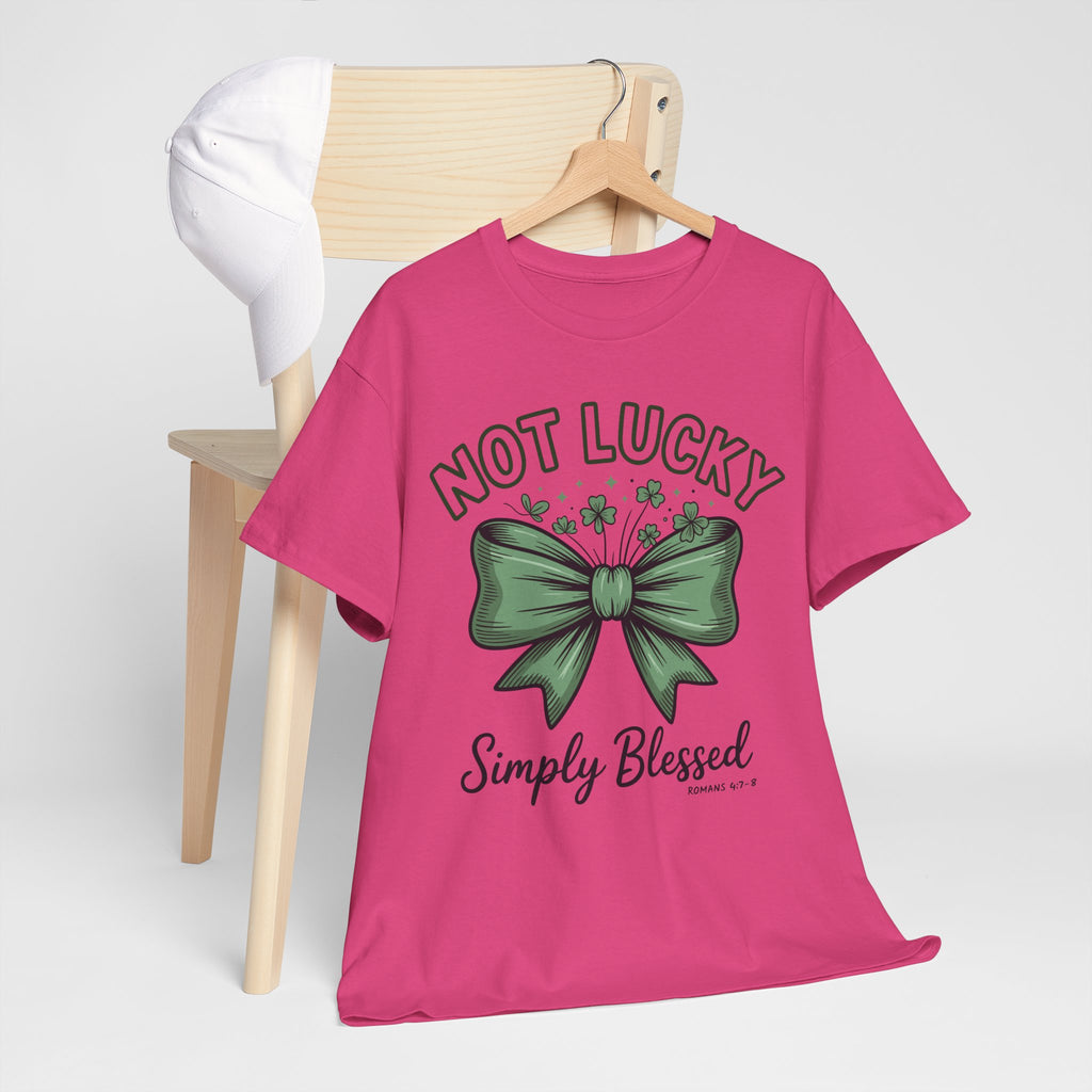 Not Lucky, Simply Blessed T-Shirt — Green Bow & Clovers St. Patrick’s Unisex Cotton Tee