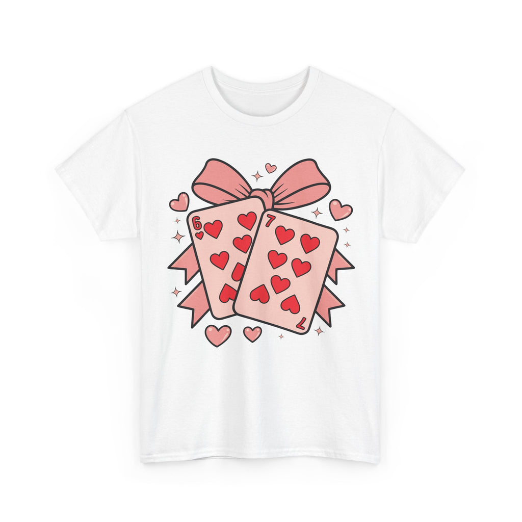 6 & 7 of Hearts T-Shirt — Paired Playing Cards with Pink Bow Unisex Cotton Tee