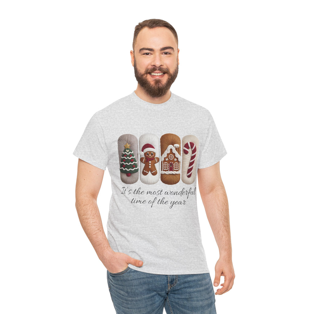 Christmas Faux-Yarn Tree Tee — Gingerbread House & Candy Cane Holiday Unisex Cotton T-Shirt