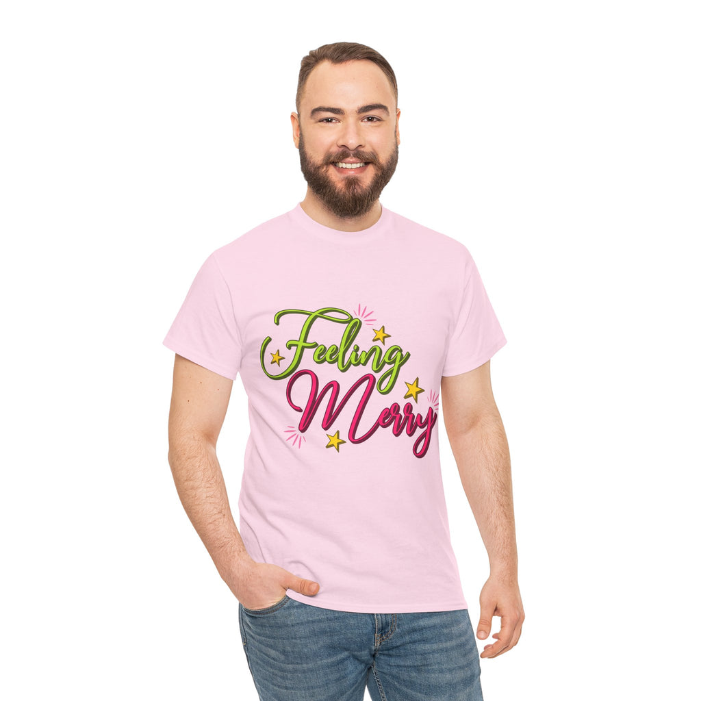 Feeling Merry T-Shirt — Bright Green & Pink Holiday Tee with Stars.Unisex Cotton Tee