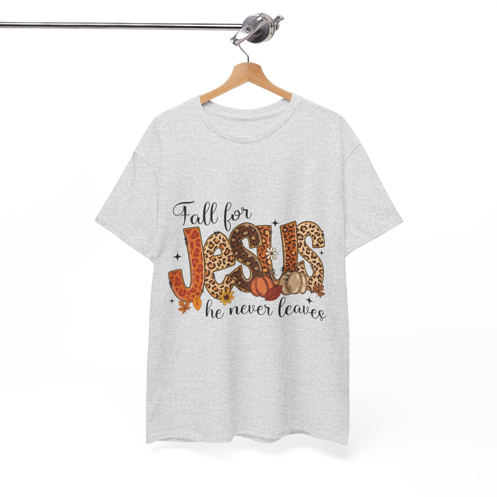 JESUS Leopard Print Fall T-Shirt — Pumpkins, Leaves & Floral Christian Unisex Cotton Tee