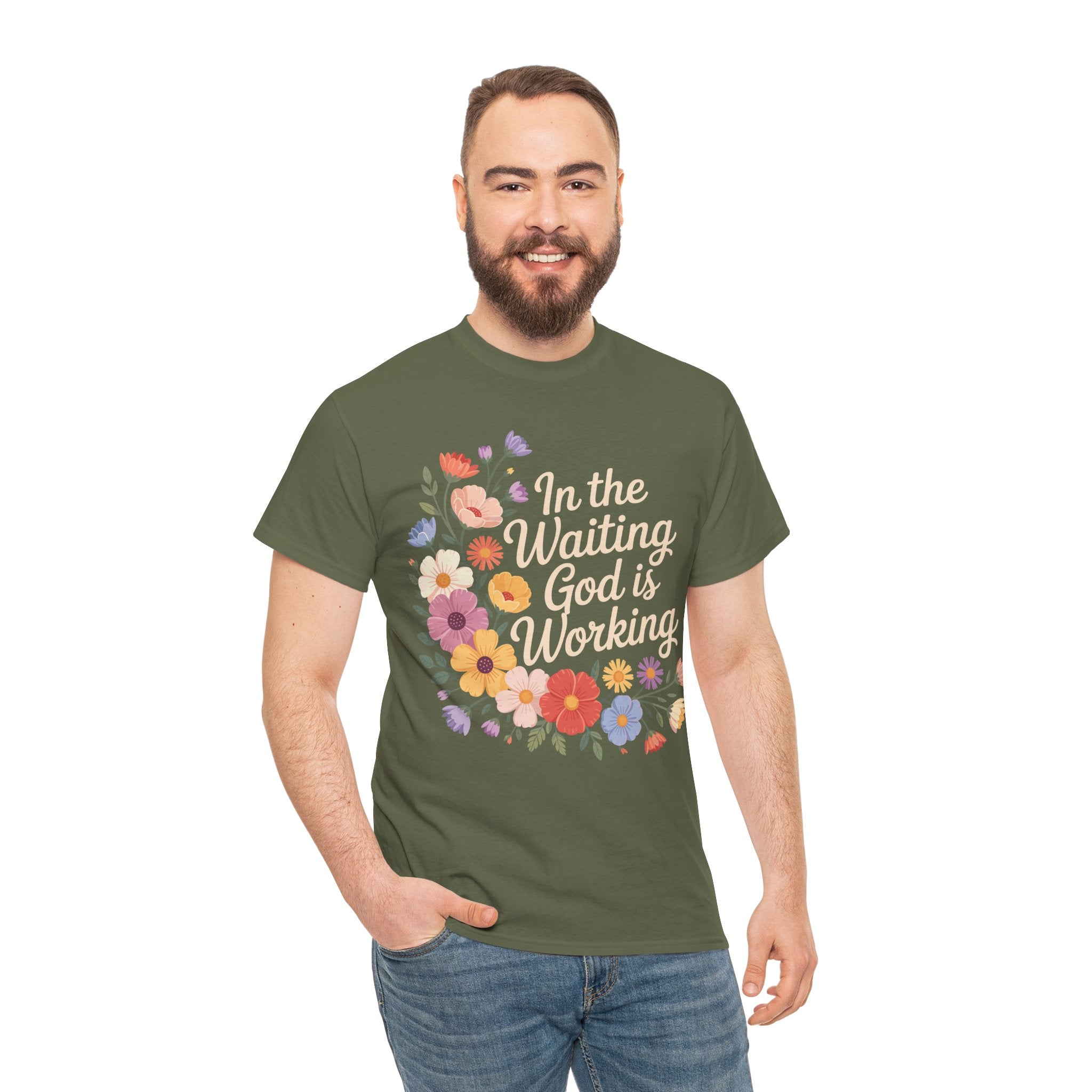 Pastel Floral “In the Waiting God Is Working” Unisex Cotton T-Shirt