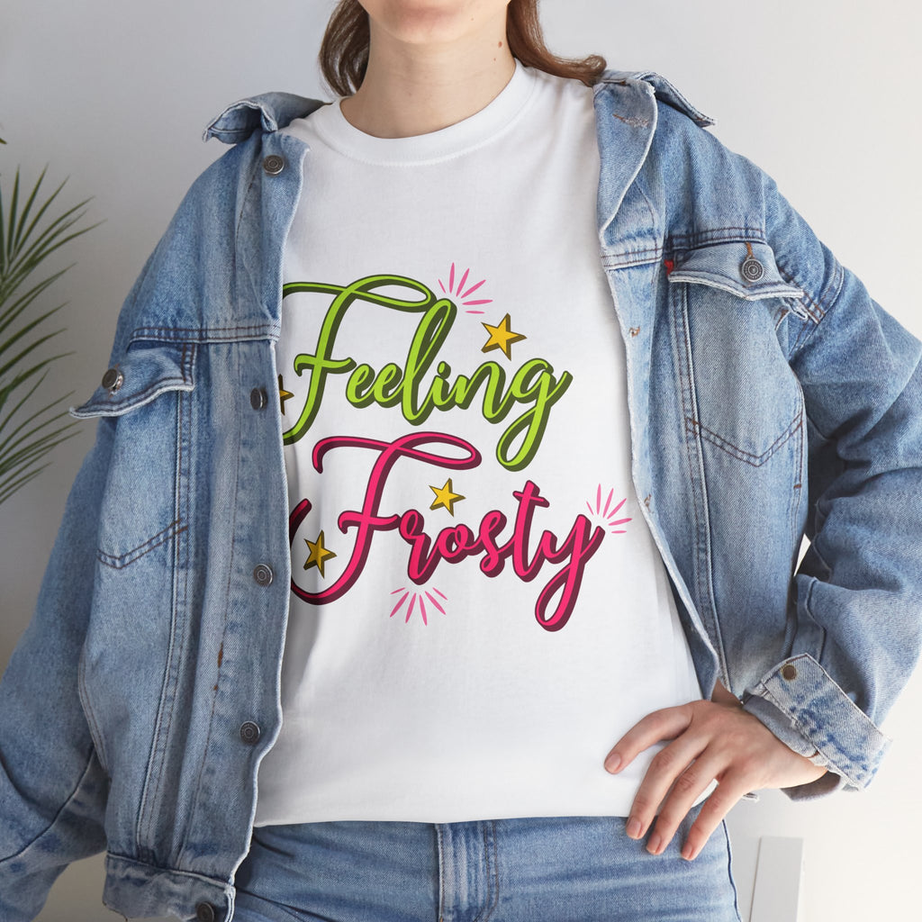 Feeling Frosty Holiday T-Shirt — Green & Pink Script Stars.Unisex Cotton Tee