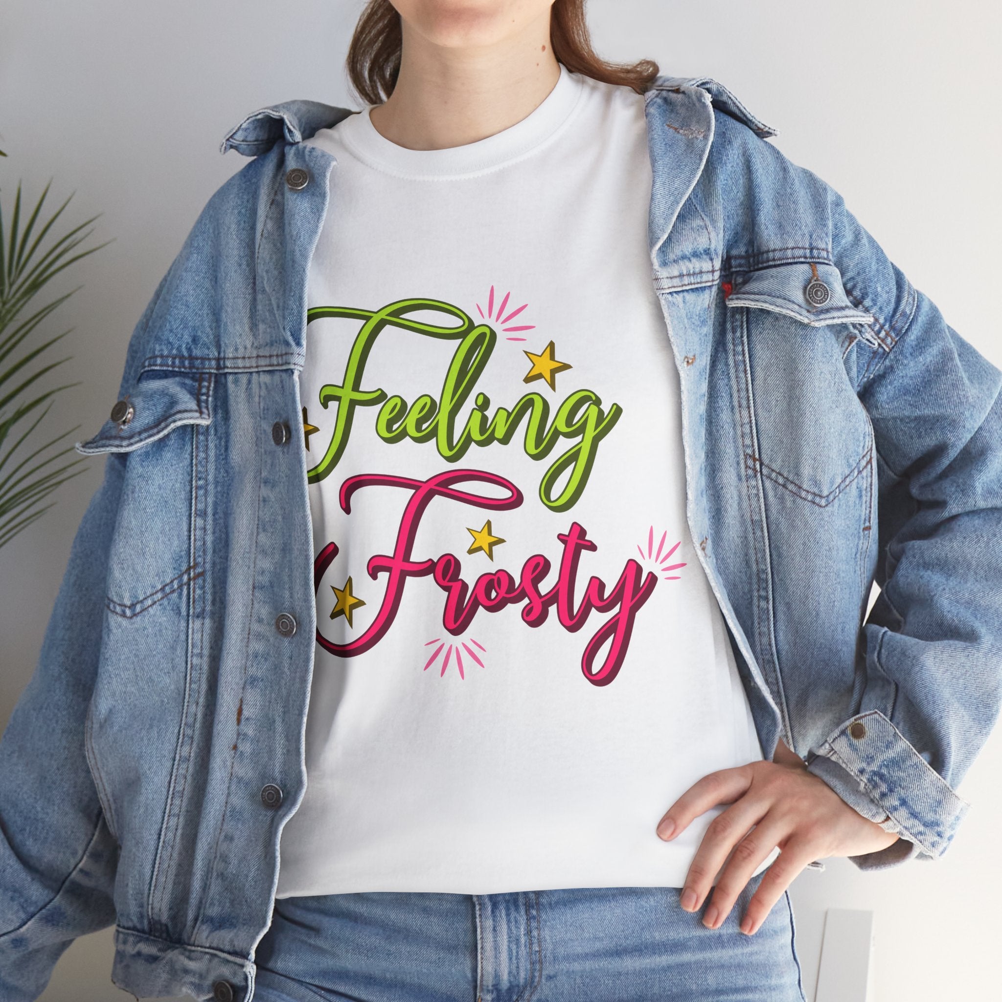 Feeling Frosty Holiday T-Shirt — Green & Pink Script Stars.Unisex Cotton Tee