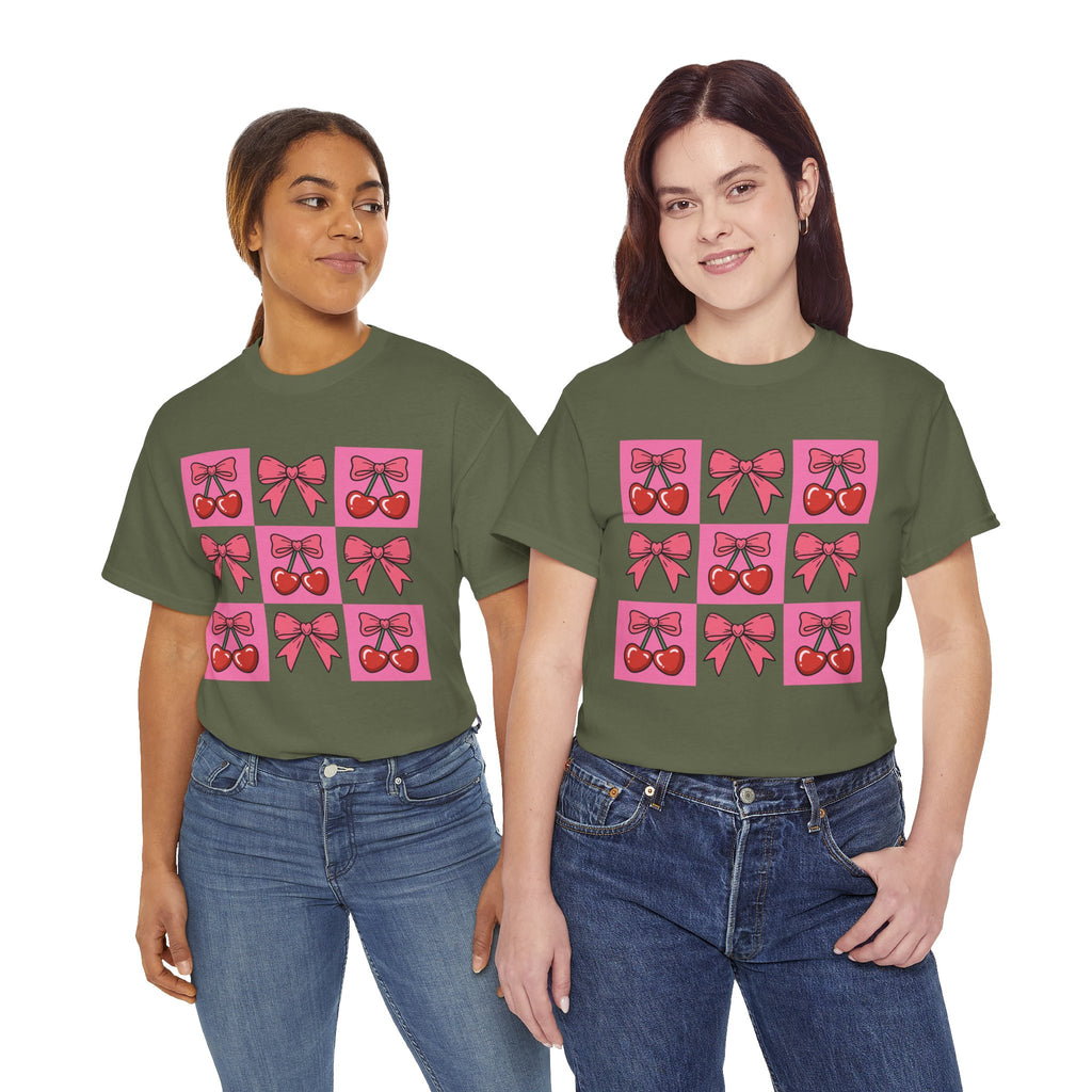 Cherry & Pink Bow Checkered Unisex Cotton Tee
