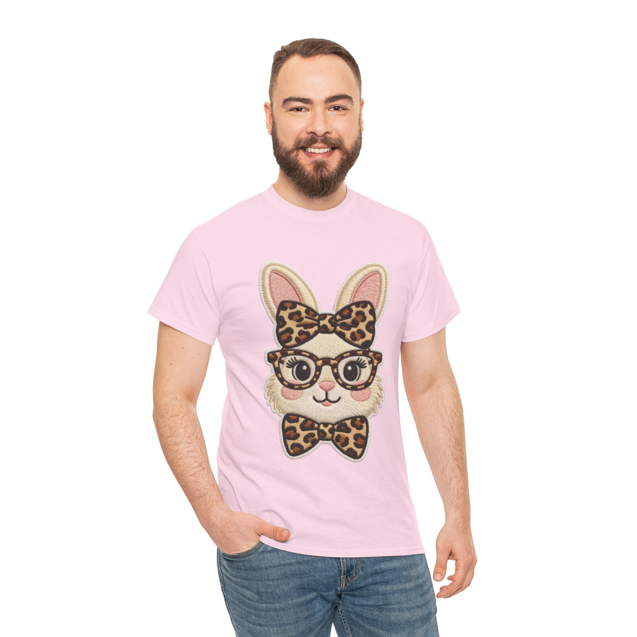 Leopard Bow Bunny Embroidered Tee — Cute Bunny Face with Glasses Patch Unisex Cotton Tee