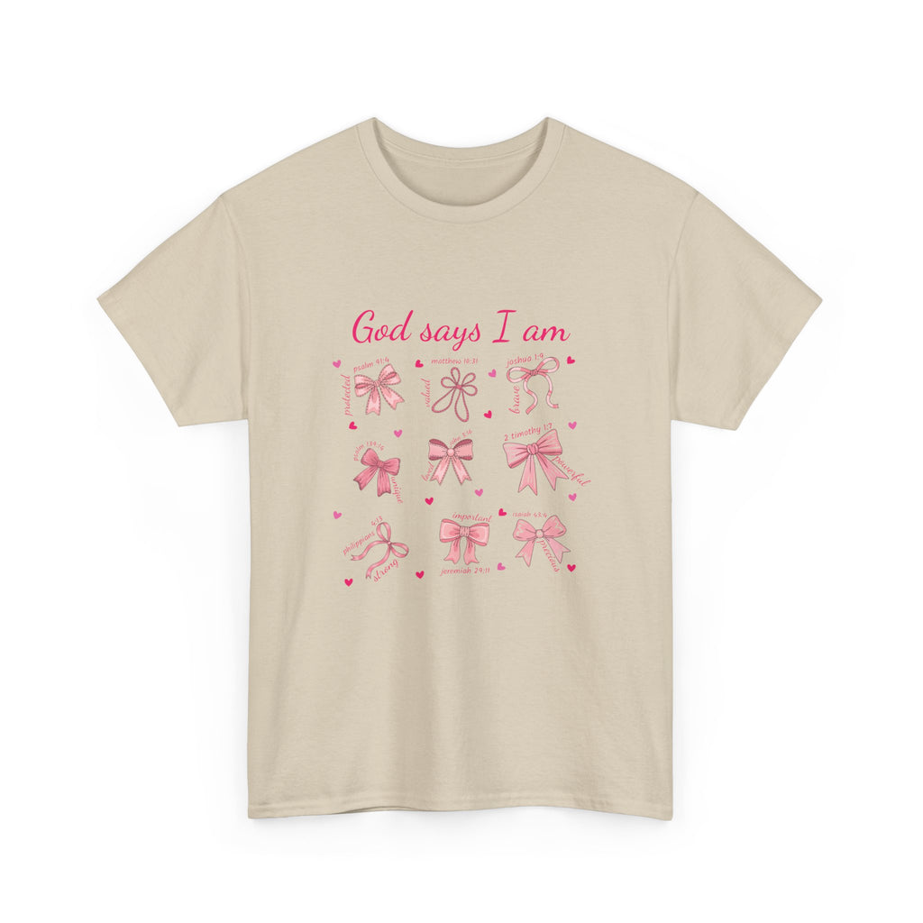 God Says I Am Christian Tee — Pink Affirmation T-Shirt with Bible Verse Bows.Unisex Cotton Tee