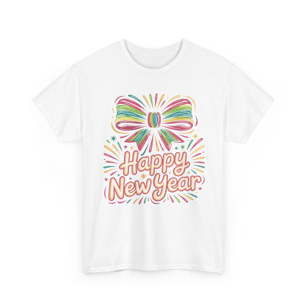 Happy New Year Pastel Tee — Rainbow Bow & Fireworks Celebration Unisex Cotton Tshirt