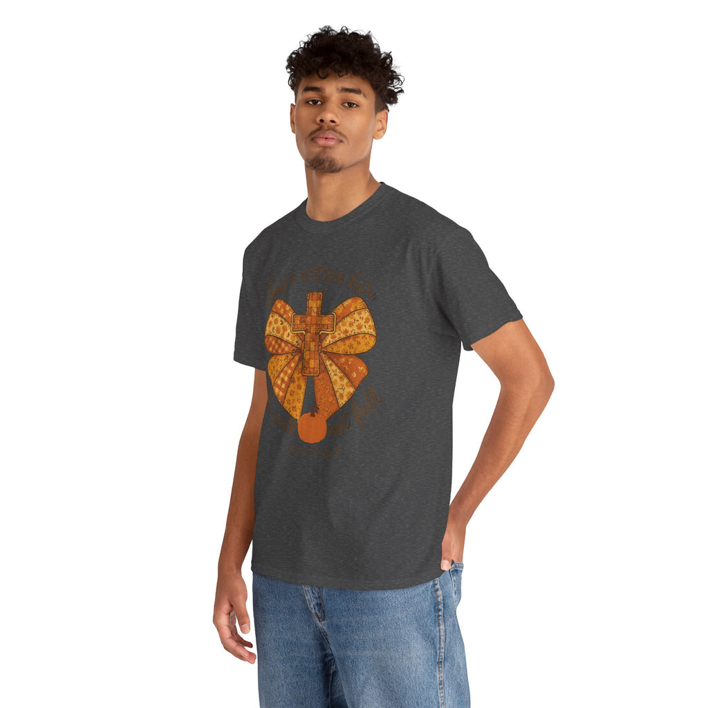 Psalm 46:5 Cross Patchwork Tee — Fall Bow Christian Unisex Cotton T-Shirt
