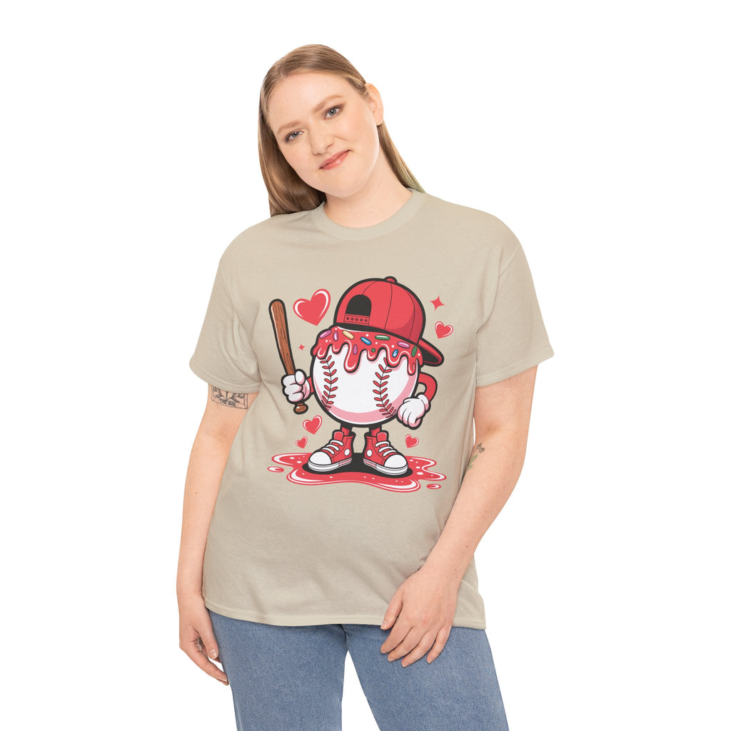 Cute Baseball Character T-Shirt — Red Cap & Icing Top Graphic with Hearts Unisex Cotton Tee