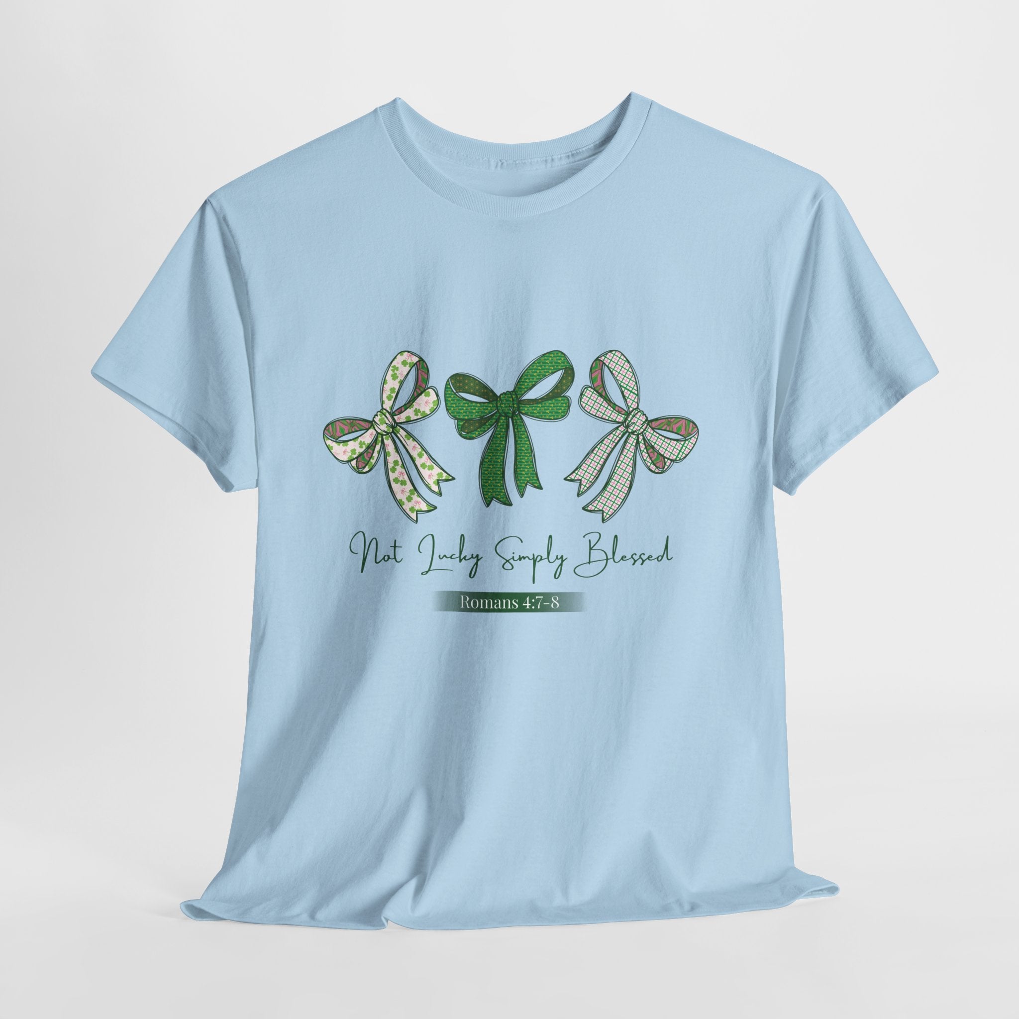 Not Lucky Simply Blessed Tee — Romans 4:7-8 Green Bow Christian Unisex Cotton T-Shirt