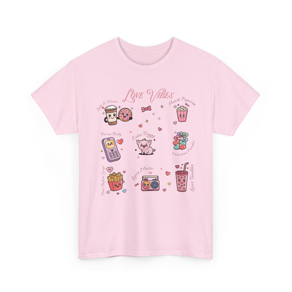 Love Vibes Kawaii Valentine T-Shirt — Cute Donut, Coffee & Piglet Design Unisex Cotton Tee