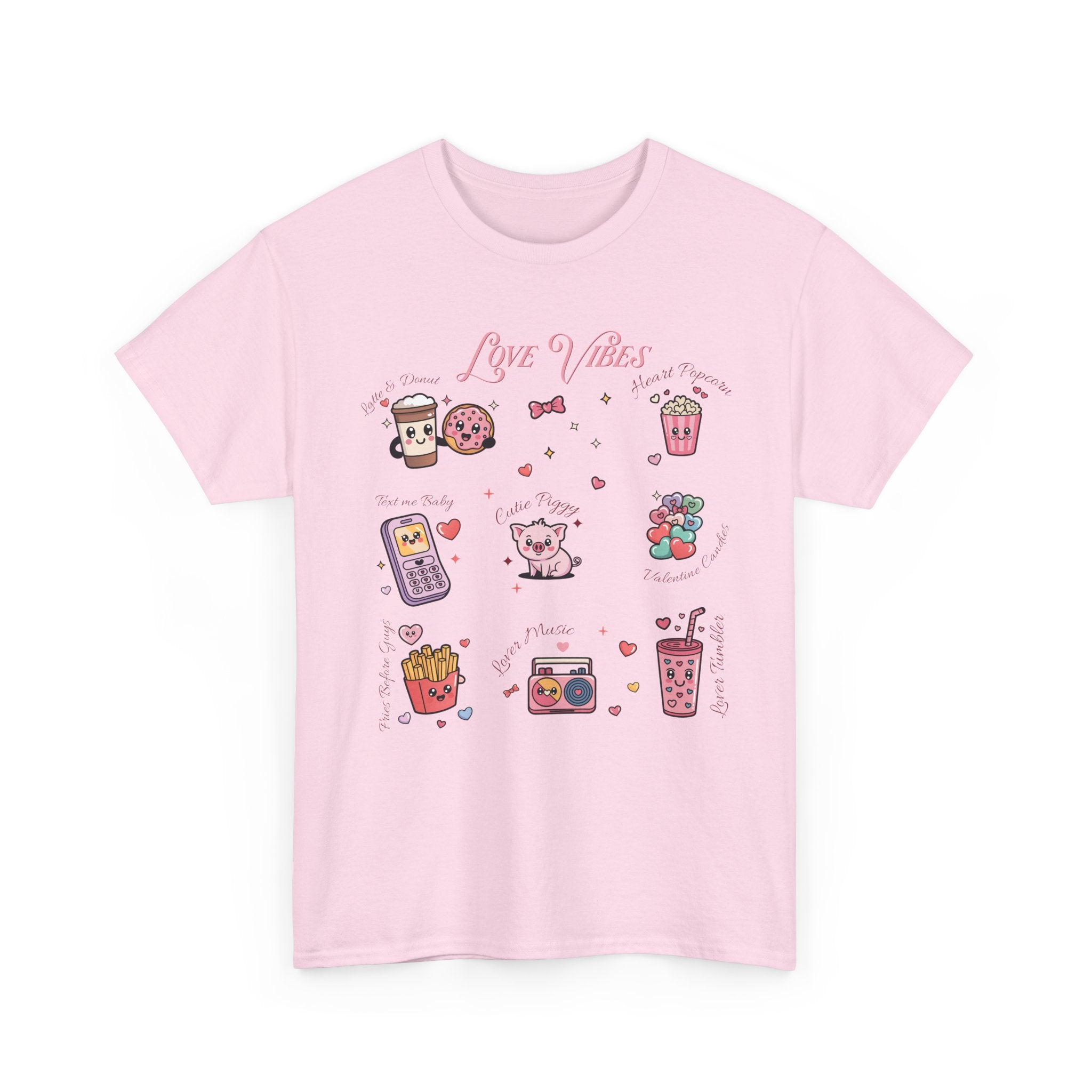 Love Vibes Kawaii Valentine T-Shirt — Cute Donut, Coffee & Piglet Design Unisex Cotton Tee