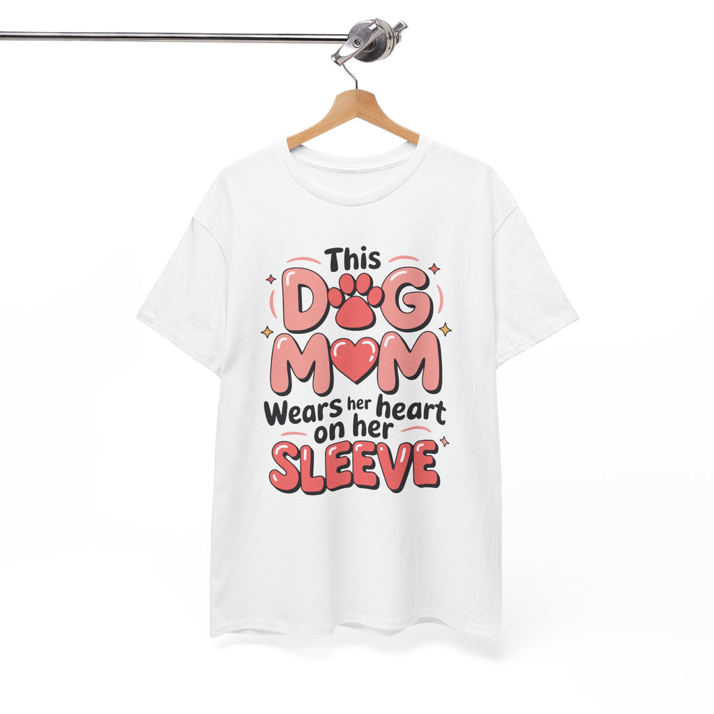 Dog Mom T-Shirt — "This Dog Mom Wears Her Heart on Her Sleeve" Paw & Heart Unisex Cotton Tee