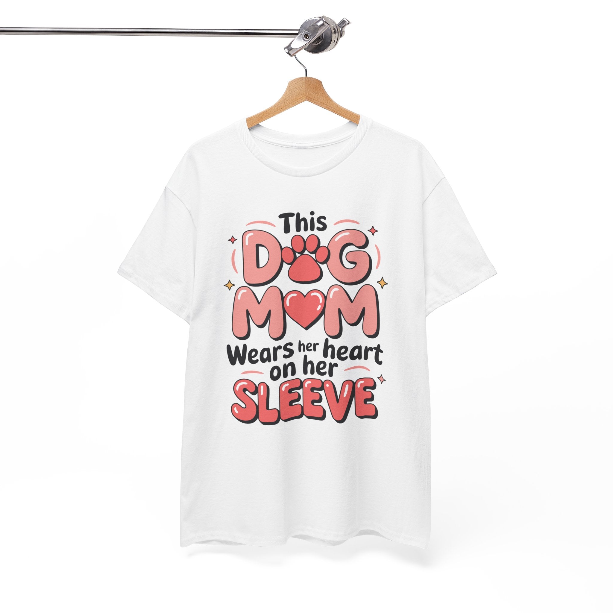 Dog Mom T-Shirt — "This Dog Mom Wears Her Heart on Her Sleeve" Paw & Heart Unisex Cotton Tee