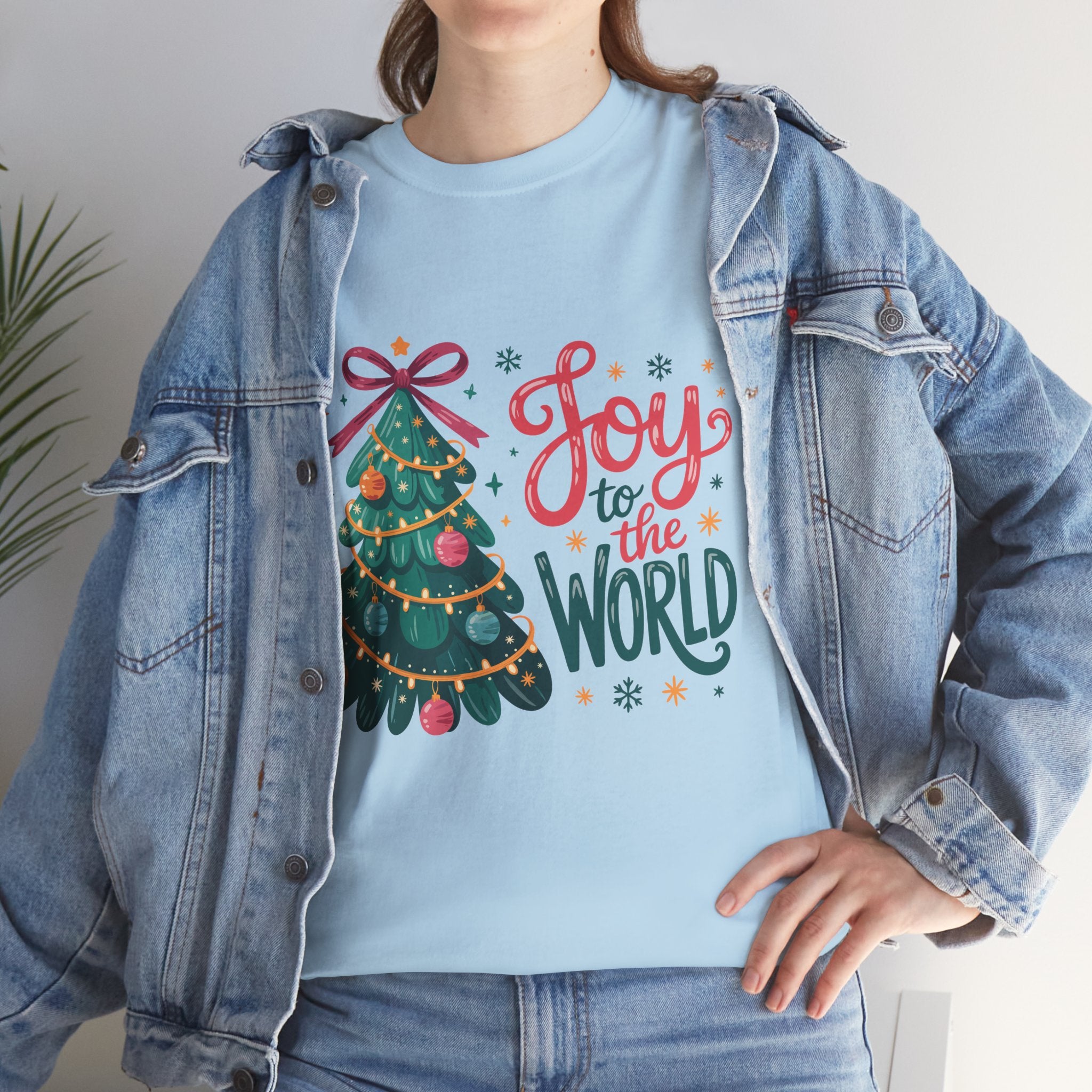 Joy to the World Christmas Tee — Festive Tree with Pink Bow..Unisex Cotton Tee