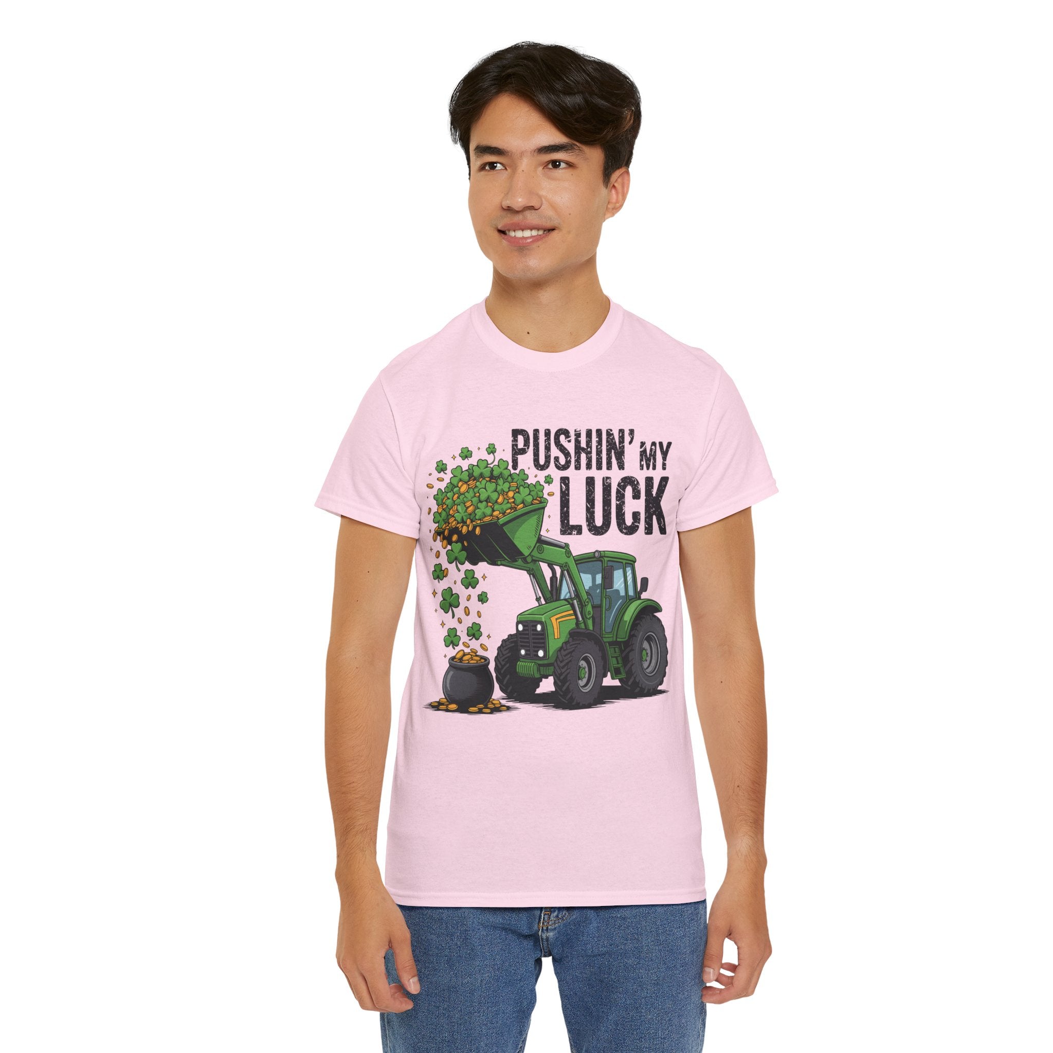 Pushin' My Luck Shamrock Tractor Tee — St. Patrick's Day Unisex Cotton T-Shirt