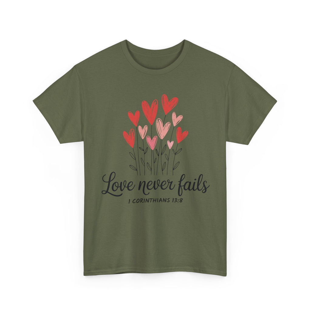 Christian Valentine T-Shirt — "Love Never Fails" (1 Corinthians 13:8) Unisex Cotton Tee