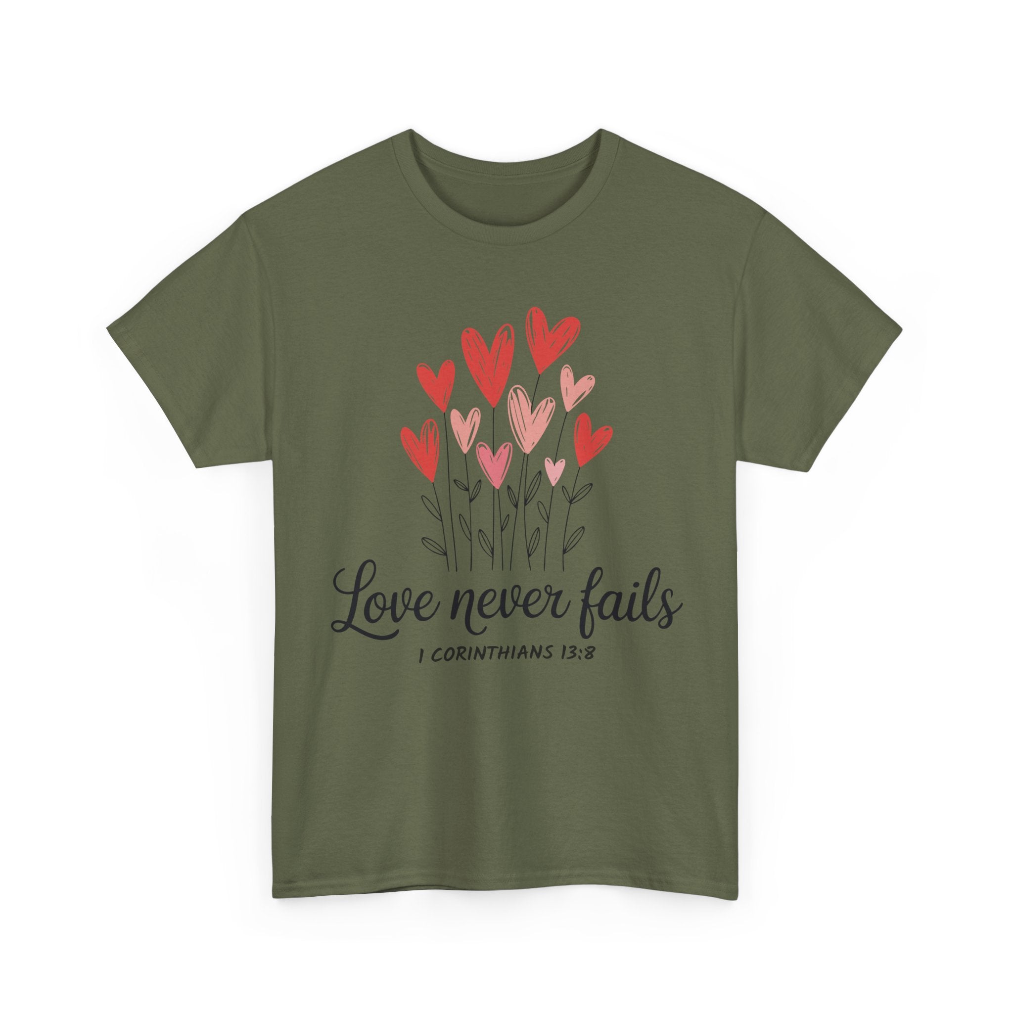 Christian Valentine T-Shirt — "Love Never Fails" (1 Corinthians 13:8) Unisex Cotton Tee