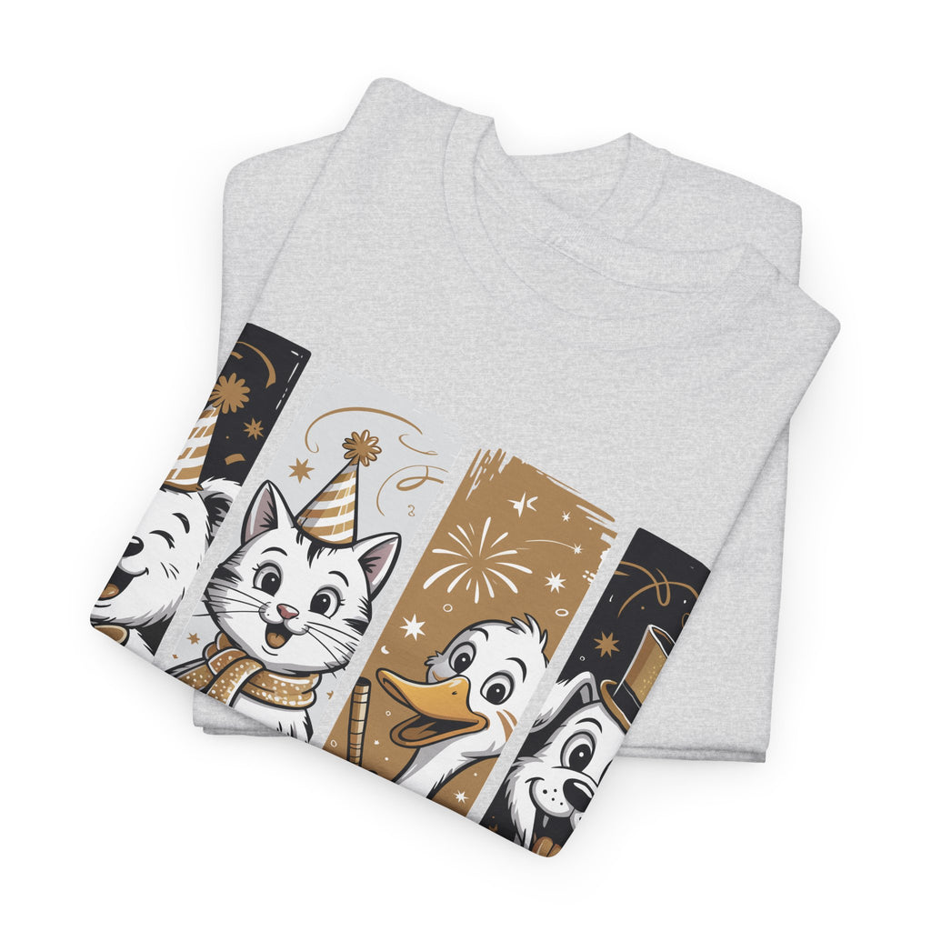 Happy New Year Party Animals T-Shirt — Cute Smiling Animals in Party Hats & Gold Fireworks..Unisex Cotton Tee