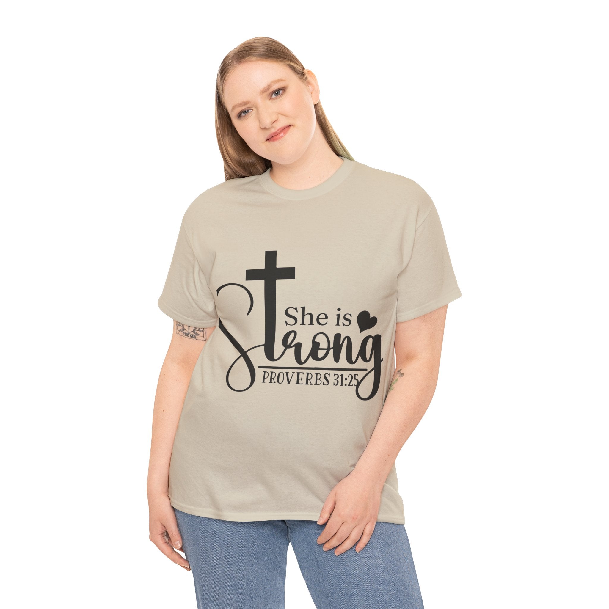 Proverbs 31:25 'She is Strong' T-Shirt – Christian Cross & Heart Unisex Cotton Tee