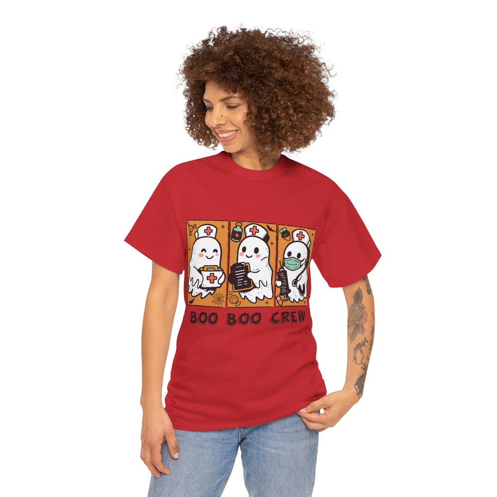 Halloween Nurse T-Shirt — Ghost Nurses Holding Medical Tools on Orange Unisec Cotton Tee